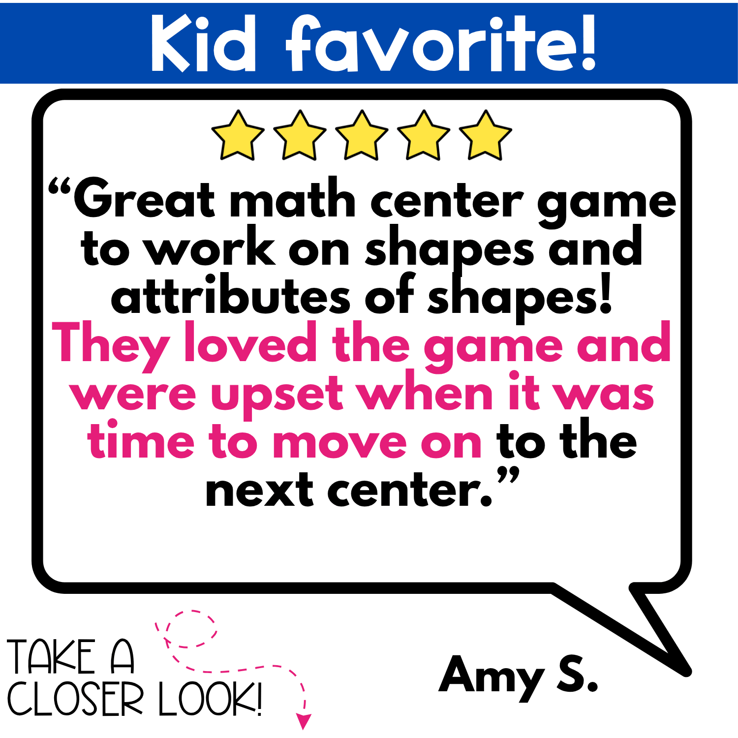 Five-star teacher review describing the 2D Shapes Slap It! Card Game as a favorite math center activity for practicing shapes and shape attributes with young learners.