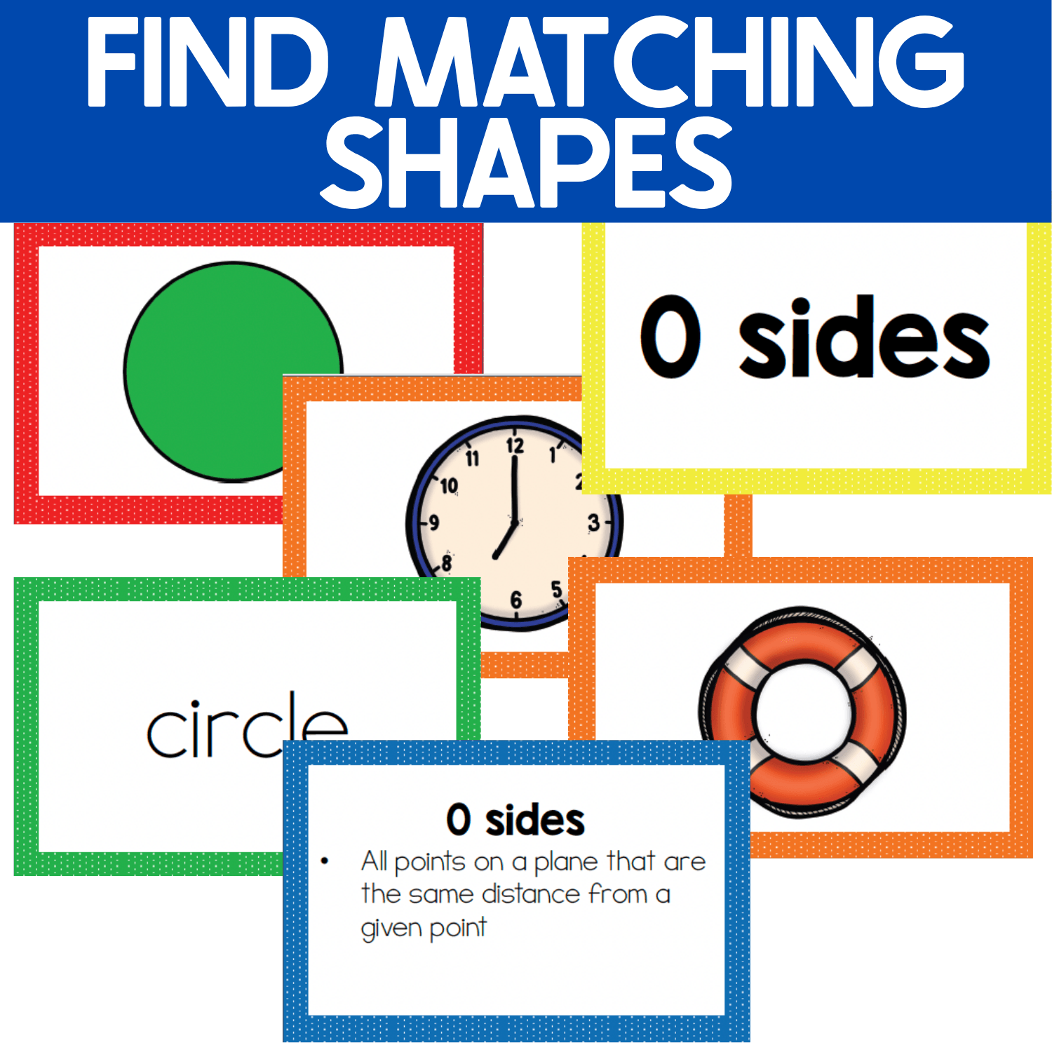 Find Matching Shapes graphic showing picture shapes, real-life objects, shape names, and attribute clue cards used to identify and match 2D shapes in the Slap It! math card game.