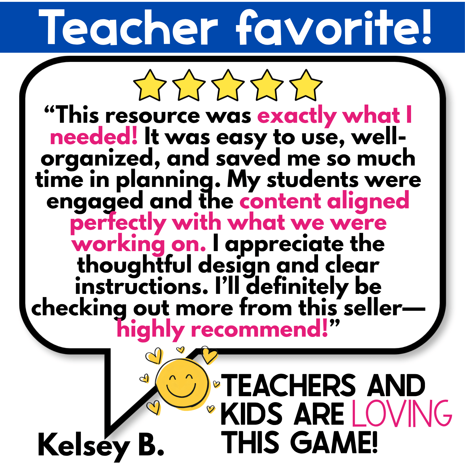 Five-star teacher review for the 2D Shapes Slap It! Card Game praising the easy-to-use format, clear instructions, organization, student engagement, and differentiated shape practice.