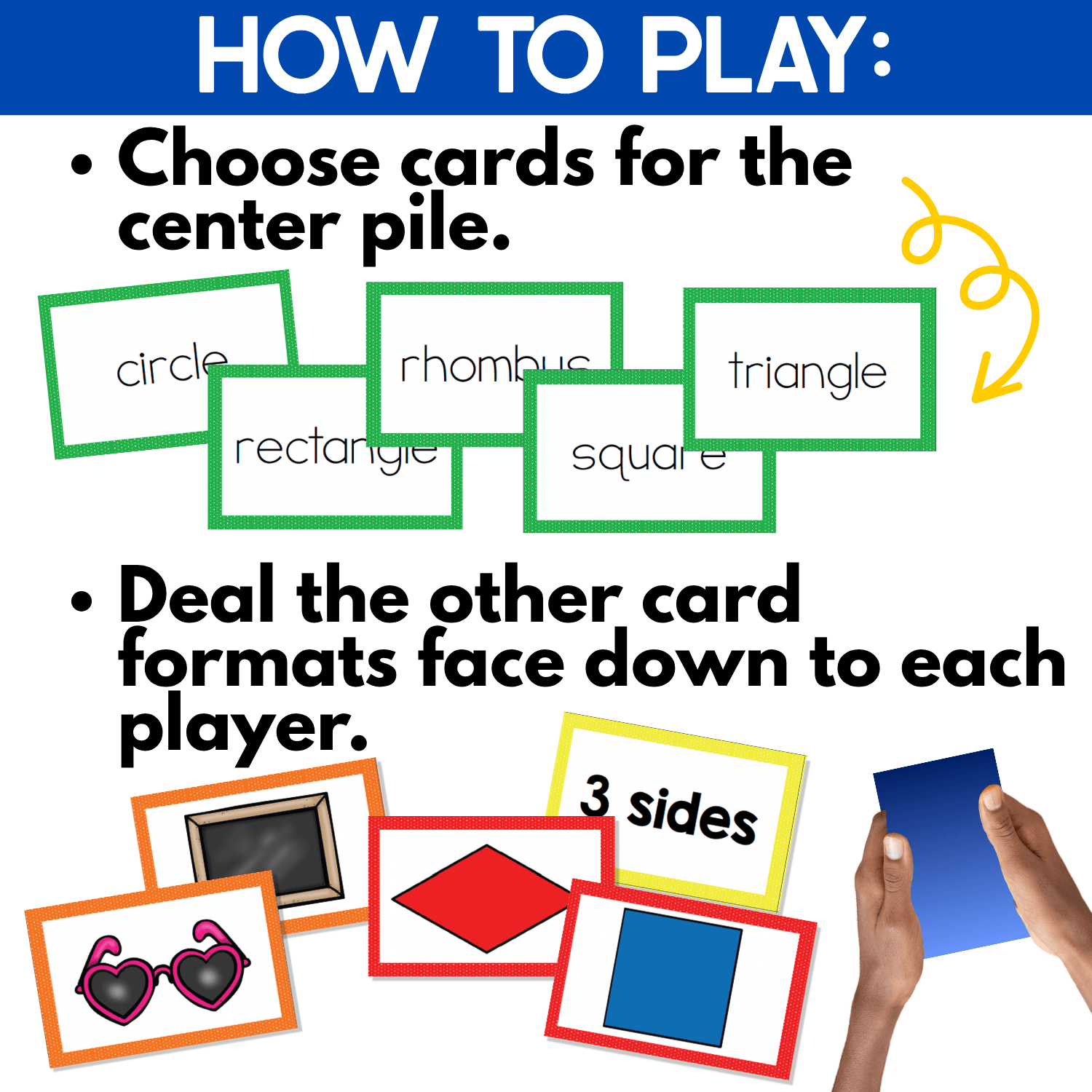 How to Play the 2D Shapes Slap It! Card Game showing shape name cards chosen for the center pile and additional picture, real-life object, and attribute cards dealt face down to players.