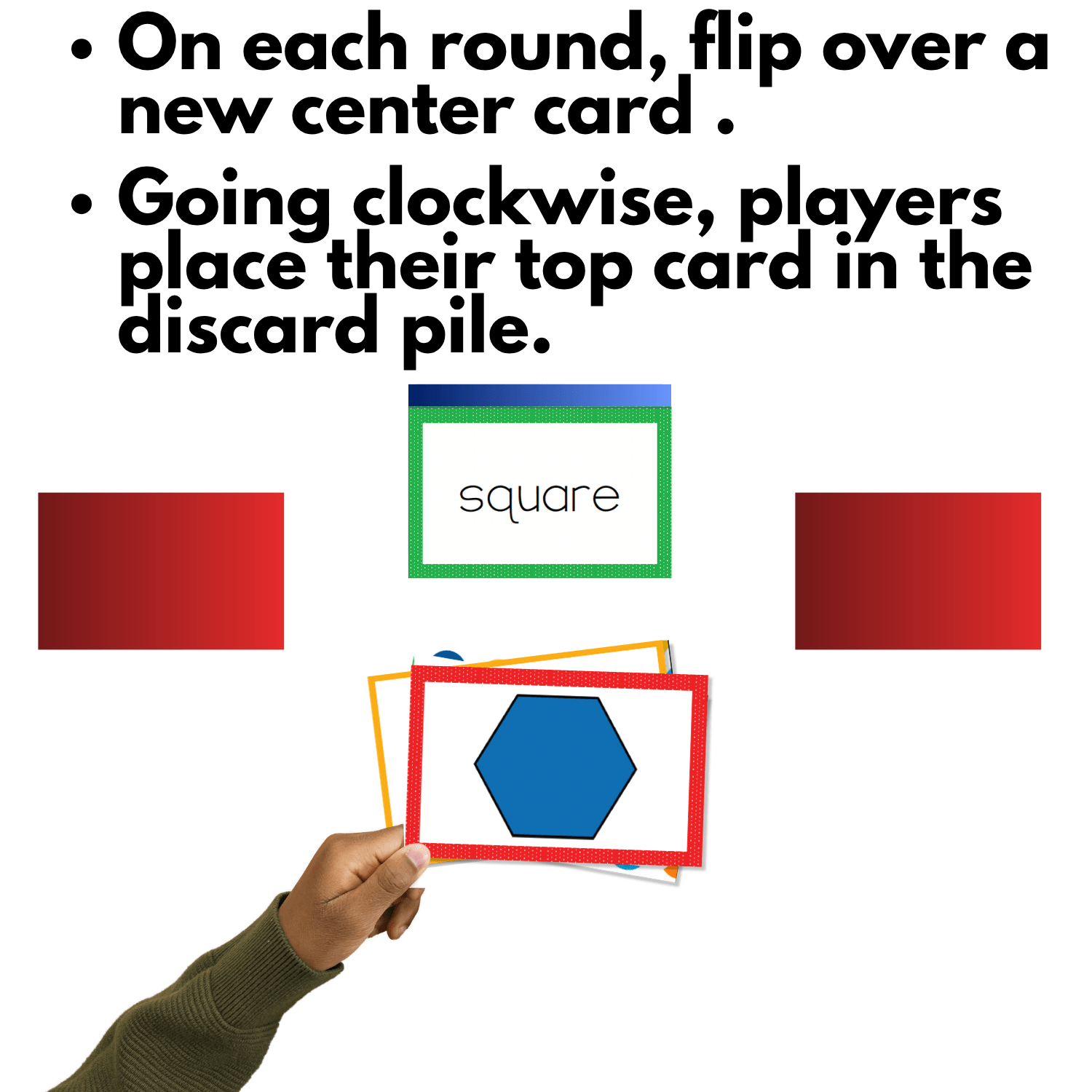 2D Shapes Slap It! game directions showing a new center card flipped each round while players place their top cards into the discard pile to l