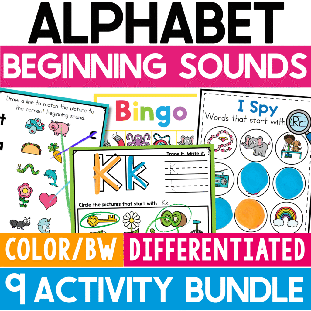 Alphabet Beginning Sounds 9 Activity Bundle featuring differentiated color and black-and-white phonics activities including Bingo, I Spy, letter worksheets, matching, and beginning sound picture practice.