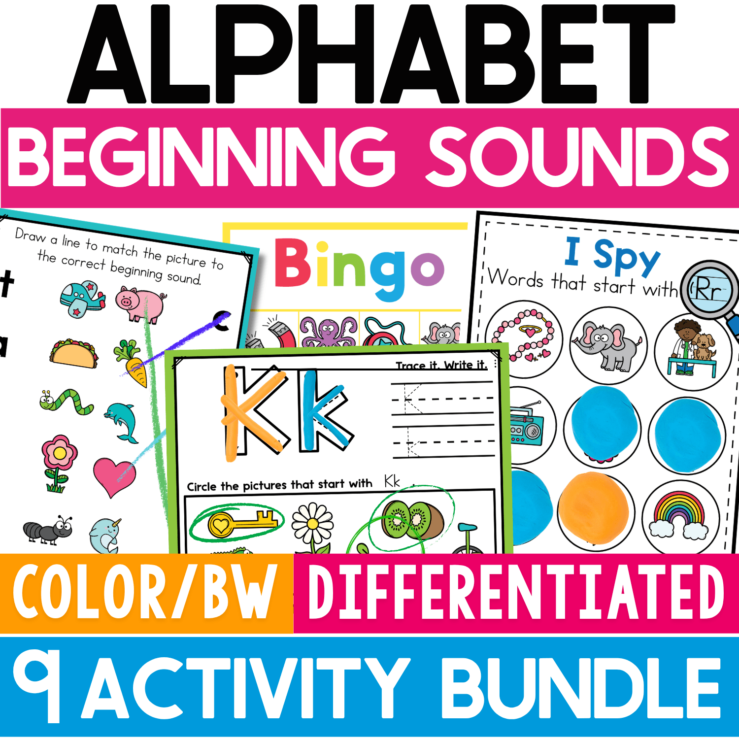 Alphabet Beginning Sounds 9 Activity Bundle featuring differentiated color and black-and-white phonics activities including Bingo, I Spy, letter worksheets, matching, and beginning sound picture practice.