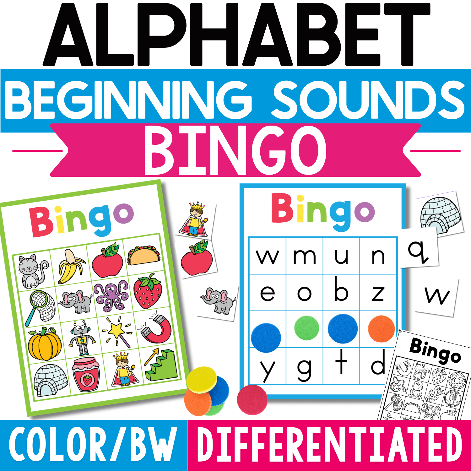Alphabet Beginning Sounds Bingo activity featuring colorful and black-and-white picture Bingo boards, lowercase letter calling cards, and differentiated phonics practice for preschool and kindergarten literacy centers