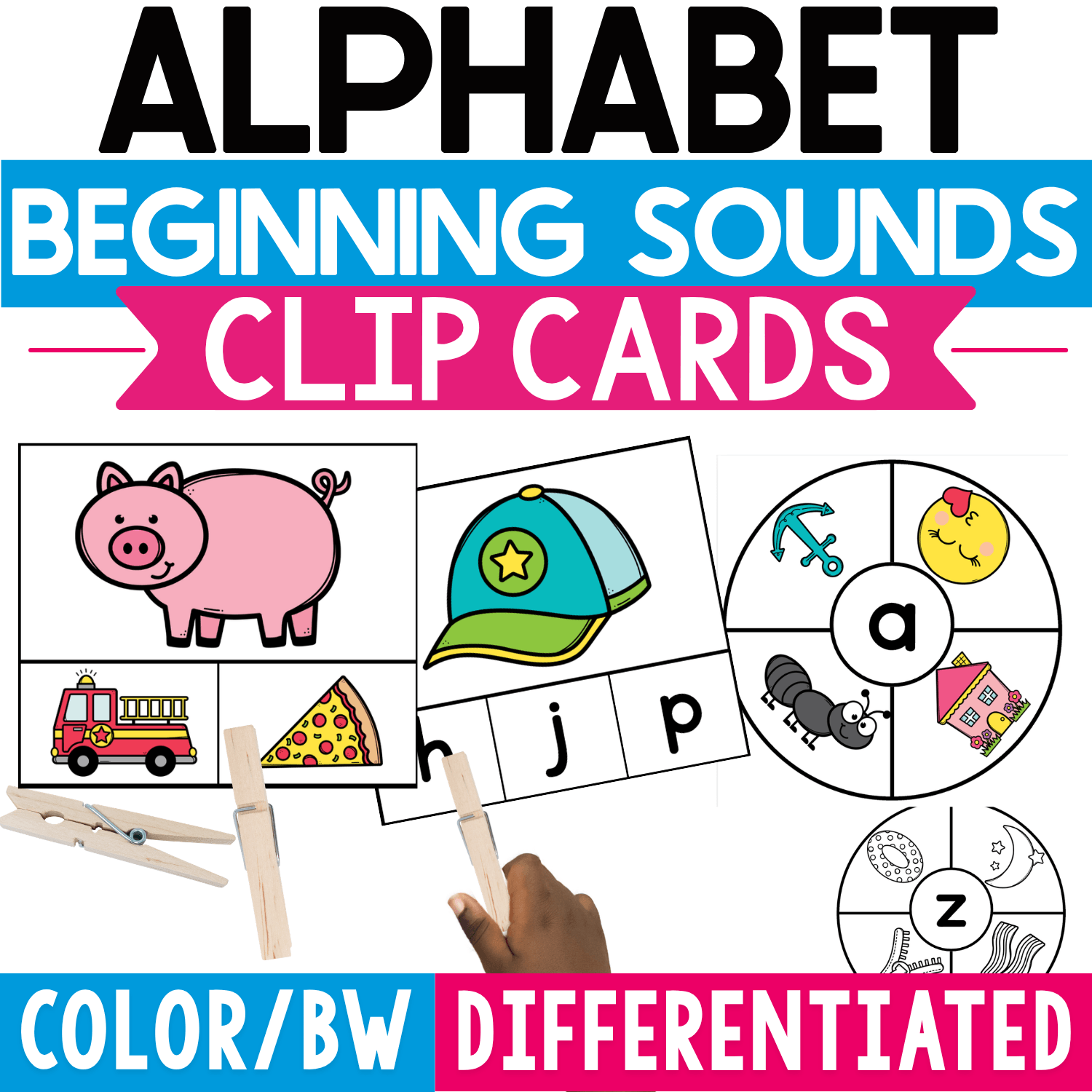Alphabet Beginning Sounds Clip Cards featuring picture cards with multiple lowercase letter choices and clothespins for hands-on beginning sound identification, alphabet practice, and fine motor learning.