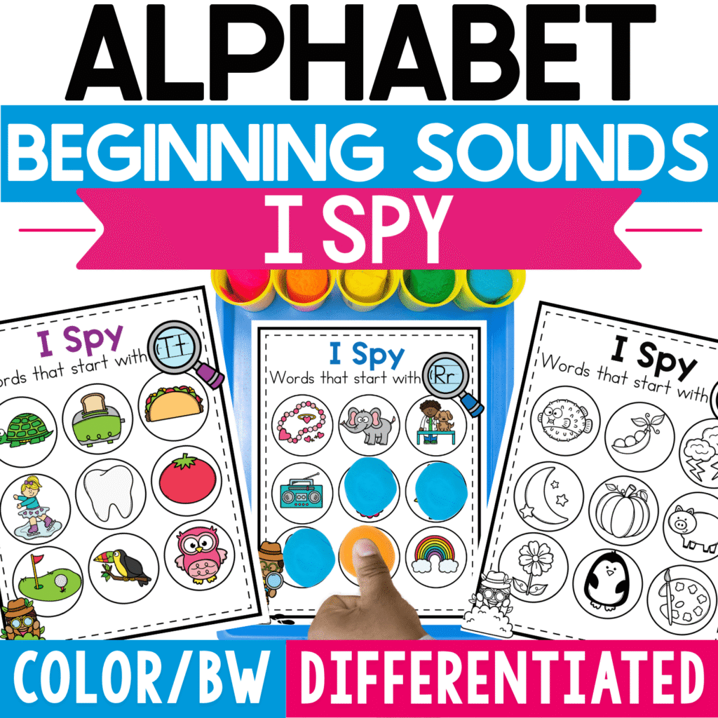 Alphabet Beginning Sounds I Spy activity featuring differentiated color and black-and-white picture search pages where children find words that begin with a target letter sound.