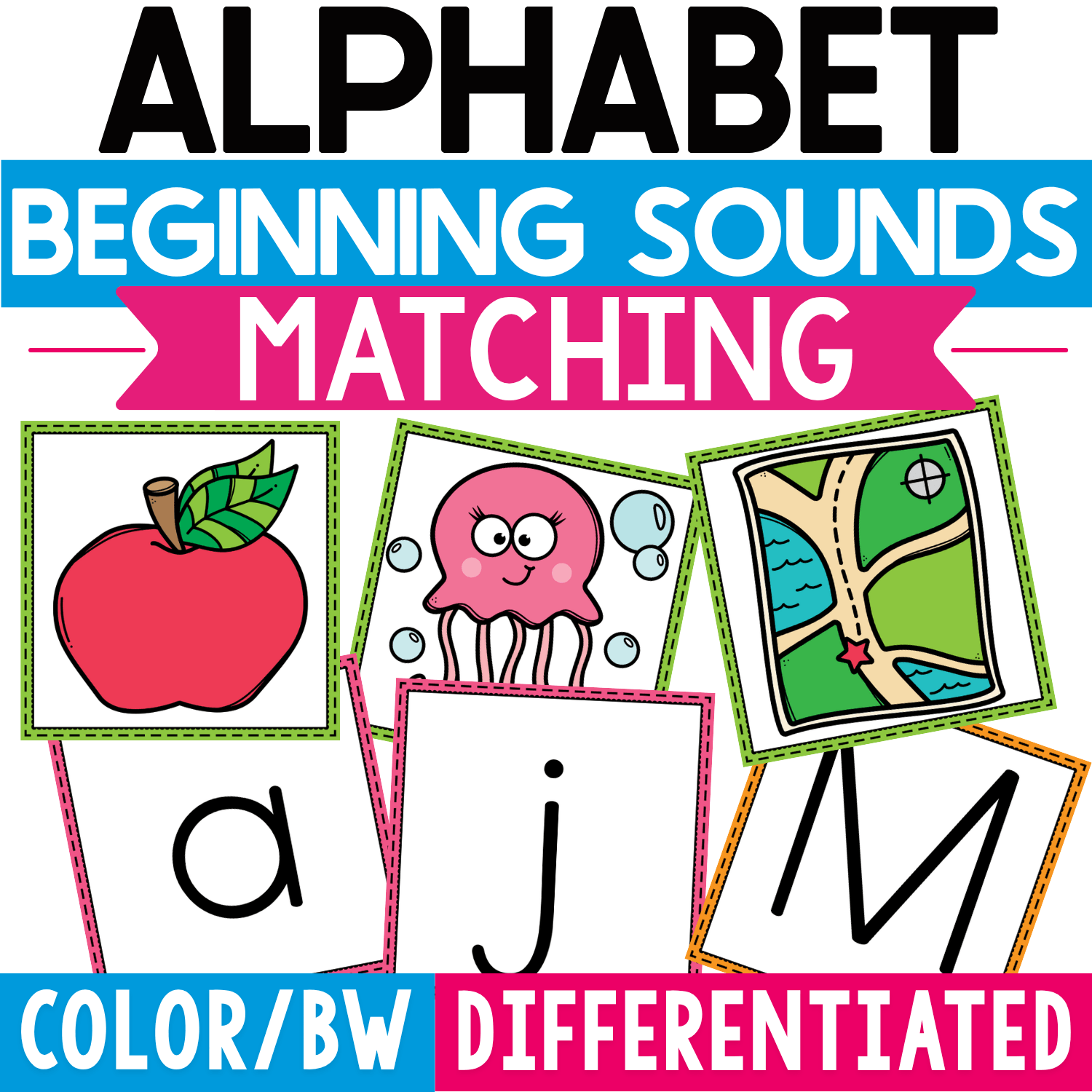 Alphabet Beginning Sounds Matching activity featuring colorful picture cards and lowercase letter cards for matching objects to their initial sounds in preschool and kindergarten phonics practice.