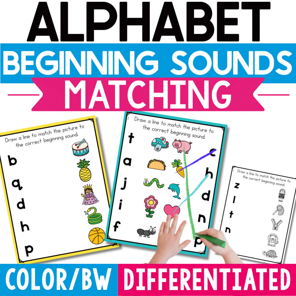 Alphabet Beginning Sounds Matching Mats featuring differentiated color and black-and-white pages where children draw lines from lowercase letters to pictures with matching initial sounds.