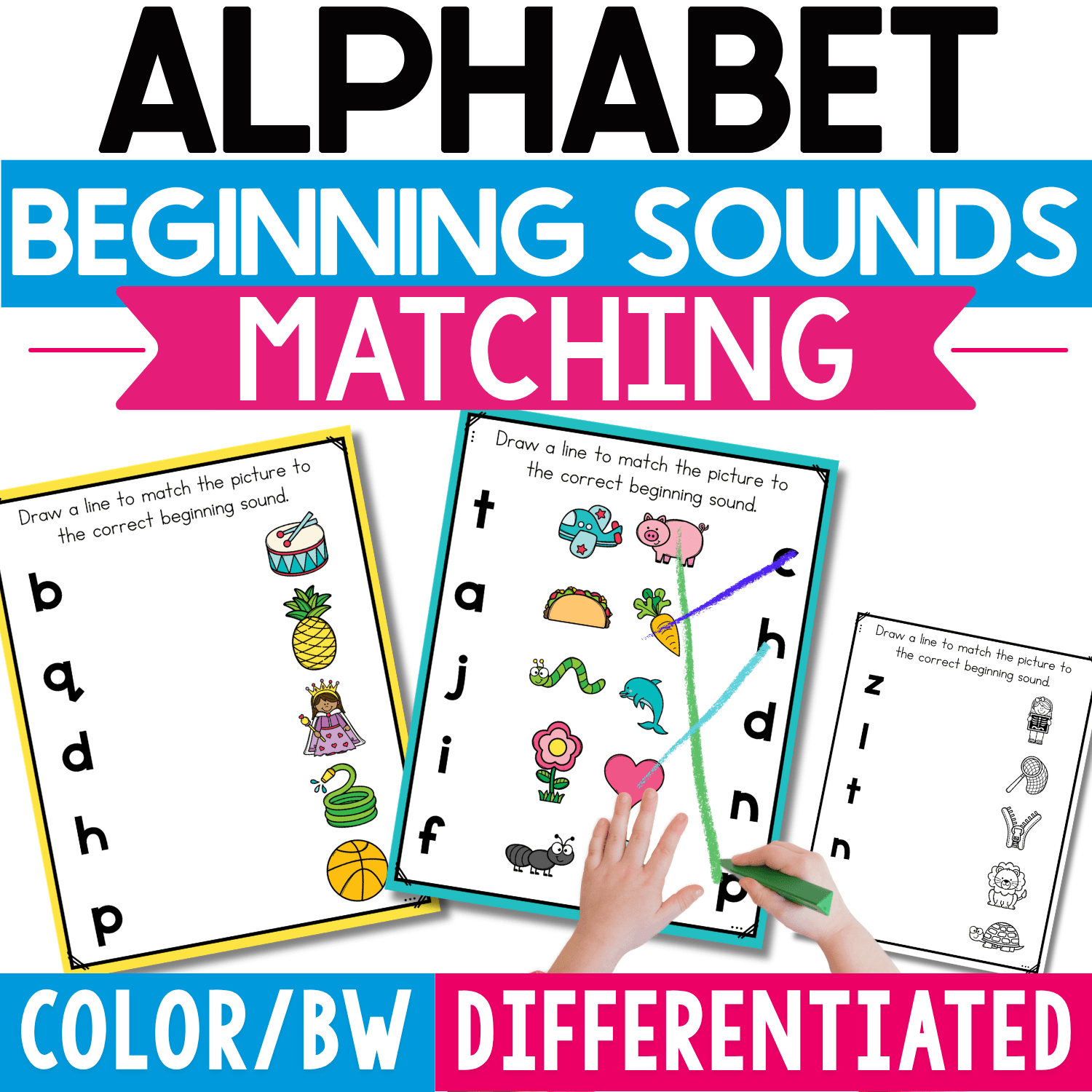 Alphabet Beginning Sounds Matching Mats featuring differentiated color and black-and-white pages where children draw lines from lowercase letters to pictures with matching initial sounds.