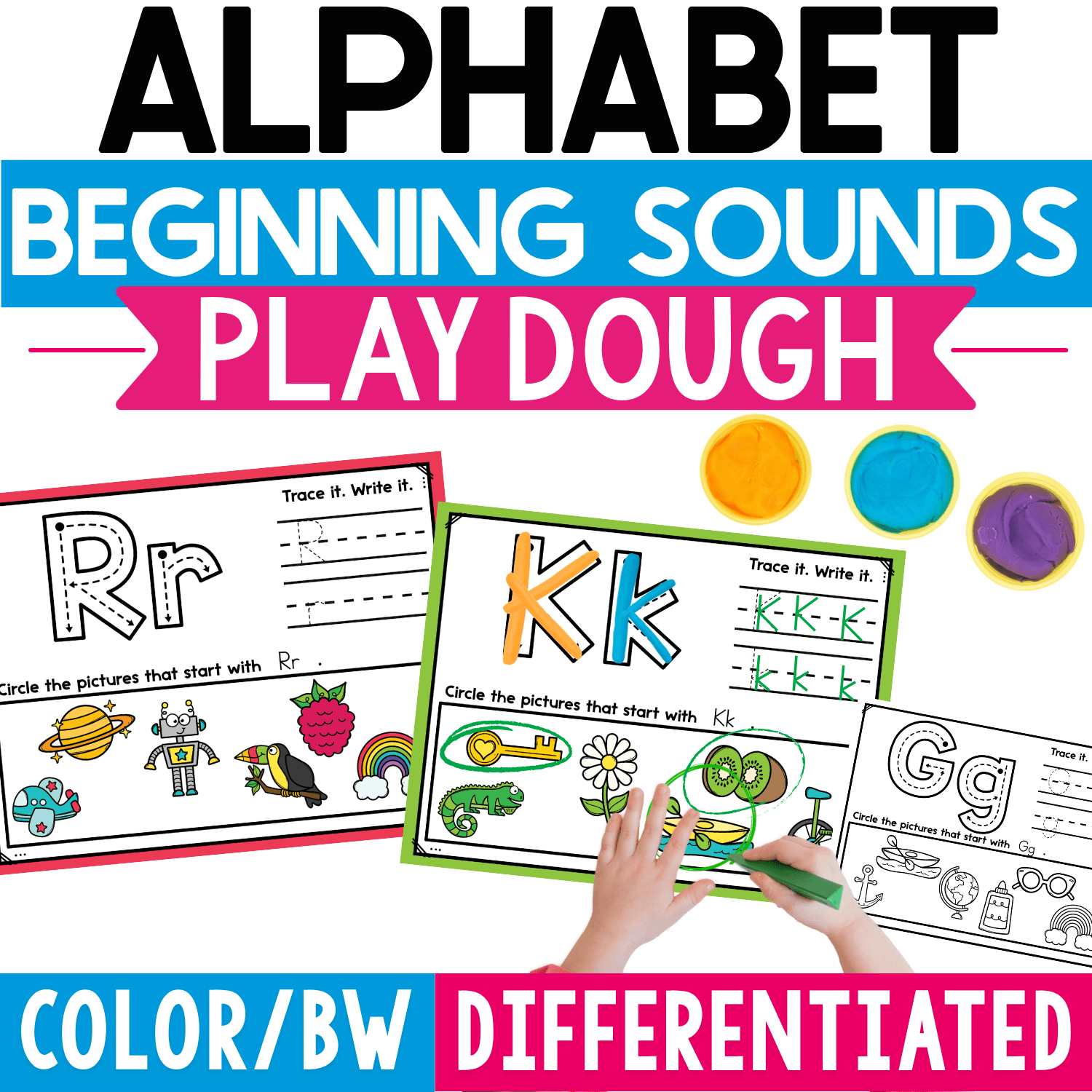Alphabet Beginning Sounds Play Dough Mats featuring uppercase and lowercase letter formation, handwriting practice, picture identification, and colorful play dough for multi-sensory preschool and kindergarten phonics.