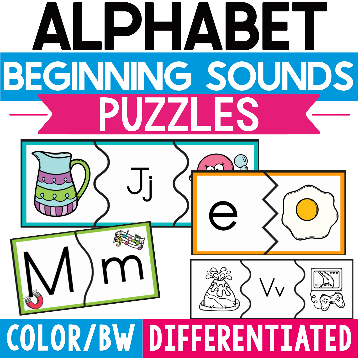 Alphabet Beginning Sounds Puzzles featuring differentiated color and black-and-white self-checking puzzle pieces that match uppercase and lowercase letters with pictures sharing the same initial sound.