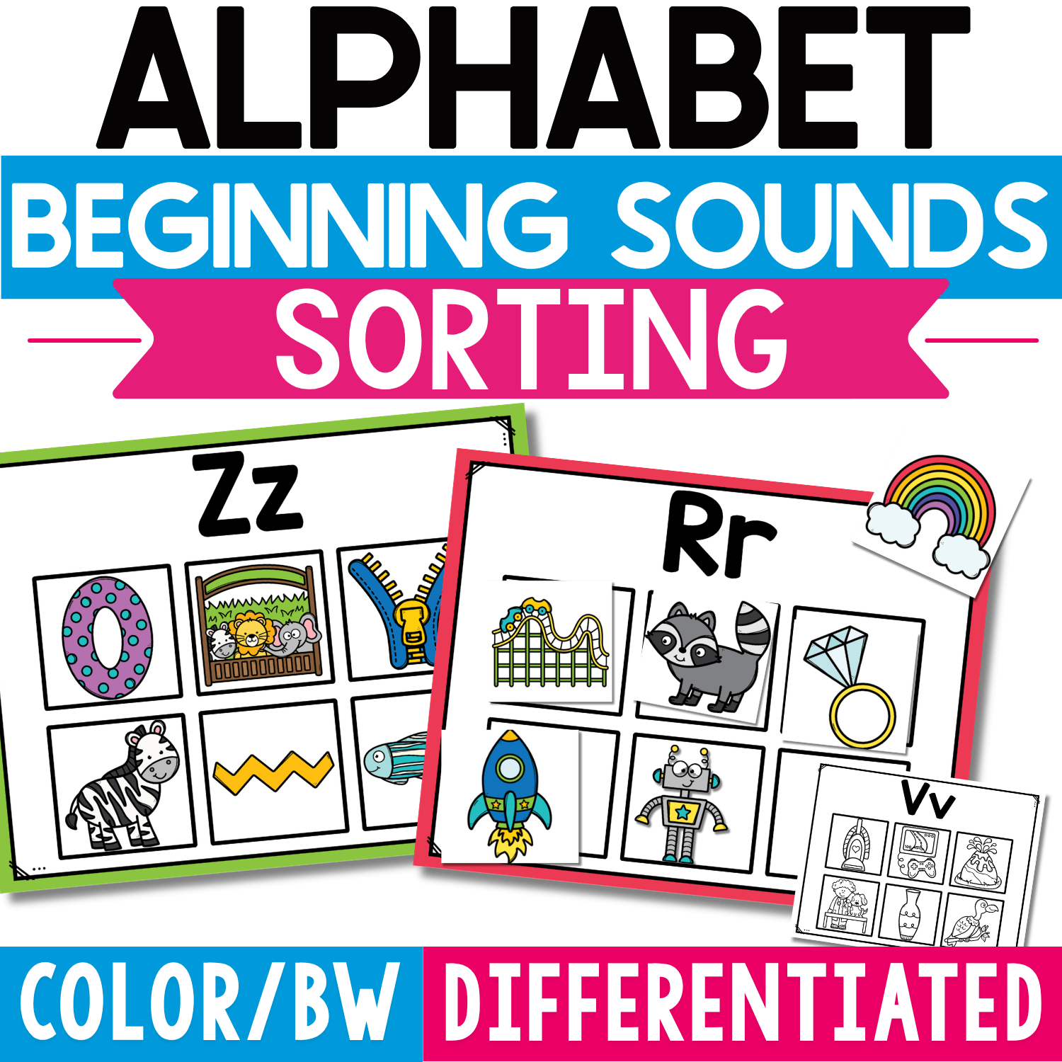 Alphabet Beginning Sounds Sorting Mats featuring letter mats and colorful picture cards for sorting objects by initial sound, with differentiated color and black-and-white phonics options.