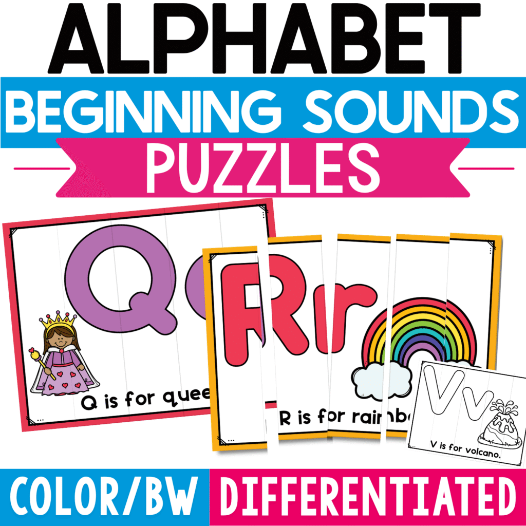Alphabet Beginning Sounds strip puzzles featuring uppercase and lowercase letters paired with illustrated vocabulary pictures such as queen, rainbow, and volcano for differentiated phonics and letter-sound practice.