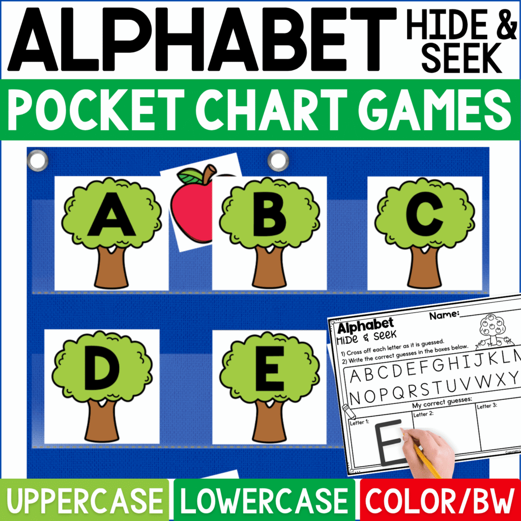 Apple Alphabet Hide and Seek pocket chart game featuring green apple tree cards with uppercase letters A, B, C, D, and E. Bright apple hiding cards peek from behind selected trees while students search, guess letters, and record correct answers on the Alphabet Hide & Seek worksheet. Cover highlights uppercase and lowercase alphabet practice in color and black-and-white formats for apple themes, fall literacy centers, preschool, kindergarten, circle time, and letter recognition.