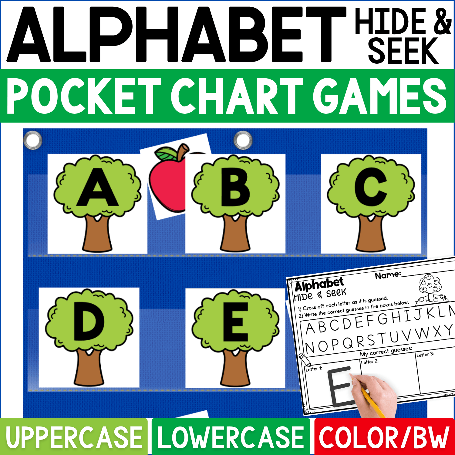 Apple Alphabet Hide and Seek pocket chart game featuring green apple tree cards with uppercase letters A, B, C, D, and E. Bright apple hiding cards peek from behind selected trees while students search, guess letters, and record correct answers on the Alphabet Hide & Seek worksheet. Cover highlights uppercase and lowercase alphabet practice in color and black-and-white formats for apple themes, fall literacy centers, preschool, kindergarten, circle time, and letter recognition.