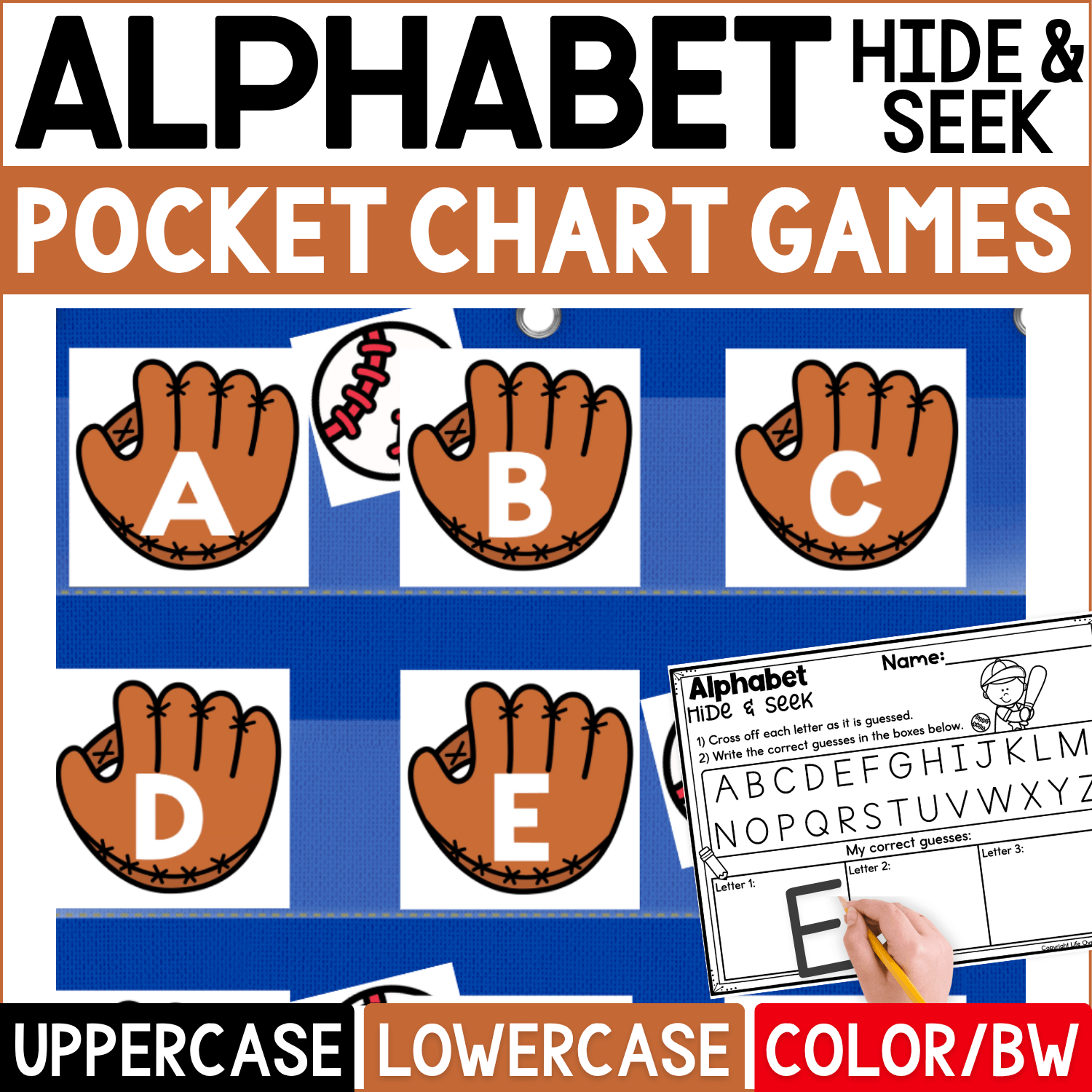 Baseball Alphabet Hide and Seek pocket chart game featuring brown baseball glove letter cards with uppercase A, B, C, D, and E. Baseball hiding cards are tucked behind selected gloves for an interactive sports alphabet activity, with an Alphabet Hide & Seek recording sheet for crossing off guessed letters and writing correct answers. Product cover highlights uppercase and lowercase letter practice plus color and black-and-white formats for baseball-themed preschool and kindergarten literacy centers.