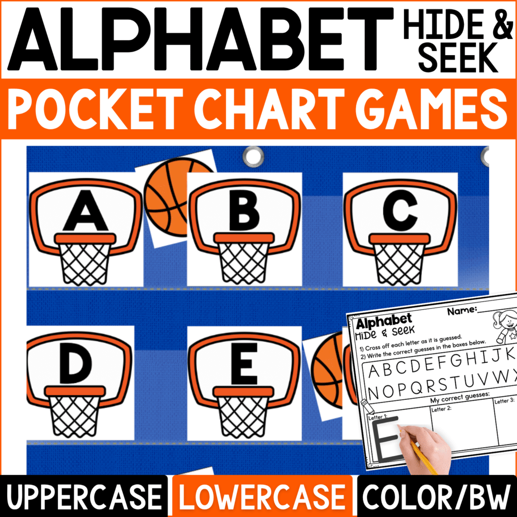 Basketball Alphabet Hide and Seek pocket chart game featuring basketball hoop cards with uppercase letters A, B, C, D, and E. Orange basketball hiding cards peek from behind selected hoops while students guess letters and use the Alphabet Hide & Seek recording page to cross off choices and write correct guesses. Cover highlights uppercase and lowercase alphabet practice in color and black-and-white formats for sports-themed literacy centers, preschool, kindergarten, and interactive letter recognition.