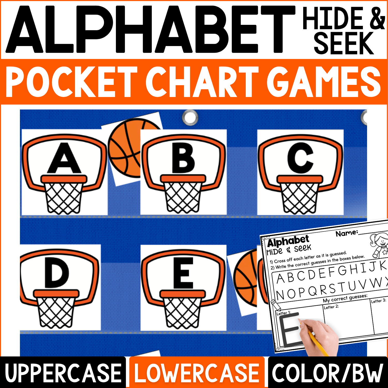 Basketball Alphabet Hide and Seek pocket chart game featuring basketball hoop cards with uppercase letters A, B, C, D, and E. Orange basketball hiding cards peek from behind selected hoops while students guess letters and use the Alphabet Hide & Seek recording page to cross off choices and write correct guesses. Cover highlights uppercase and lowercase alphabet practice in color and black-and-white formats for sports-themed literacy centers, preschool, kindergarten, and interactive letter recognition.