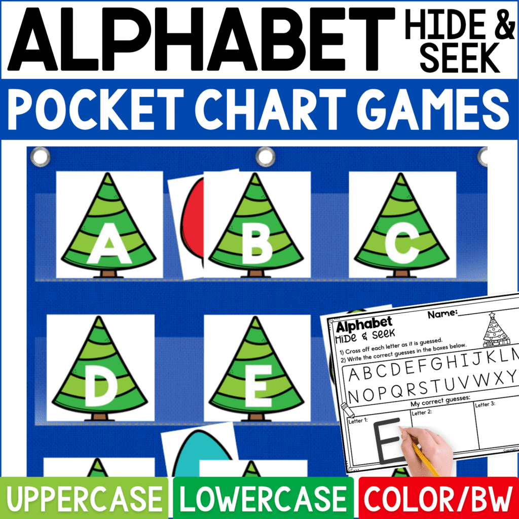 Christmas Alphabet Hide and Seek pocket chart game featuring green Christmas tree letter cards with uppercase A, B, C, D, and E. Bright ornament hiding cards are tucked behind selected Christmas trees for a festive letter recognition guessing game, and the Alphabet Hide & Seek recording sheet lets students cross off letters and write correct guesses. Product cover highlights uppercase and lowercase alphabet practice plus color and black-and-white formats for Christmas literacy centers, preschool, kindergarten, and December learning activities.