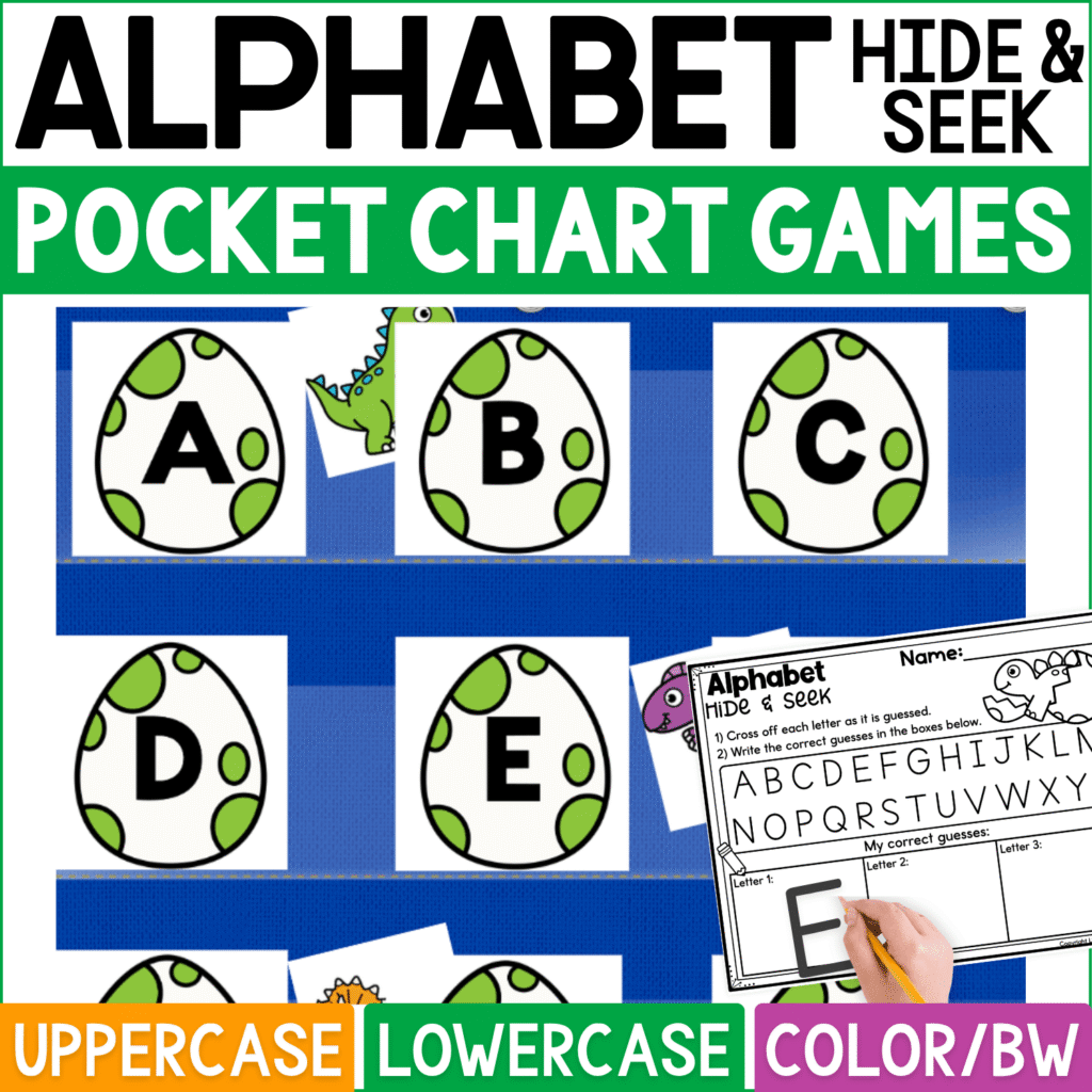 Dinosaur Alphabet Hide and Seek pocket chart game featuring green-spotted dinosaur egg cards with uppercase letters A, B, C, D, and E. Colorful dinosaur hiding cards peek from behind selected eggs while children guess letters and record correct answers on the Alphabet Hide & Seek worksheet. Cover highlights uppercase and lowercase alphabet practice in color and black-and-white formats for dinosaur literacy centers, preschool, kindergarten, letter recognition, and small-group learning.