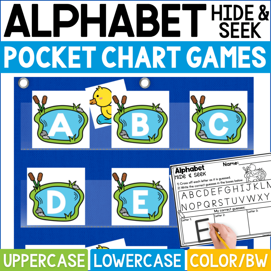 Duck pond Alphabet Hide and Seek pocket chart game featuring blue pond cards with uppercase letters A, B, C, D, and E. Yellow duck hiding cards are tucked behind selected ponds for an interactive alphabet guessing activity, with a coordinating Alphabet Hide & Seek recording page for crossing off letters and writing correct guesses. Product cover highlights uppercase and lowercase letter practice plus color and black-and-white formats for pond themes, preschool literacy centers, kindergarten, and circle time.