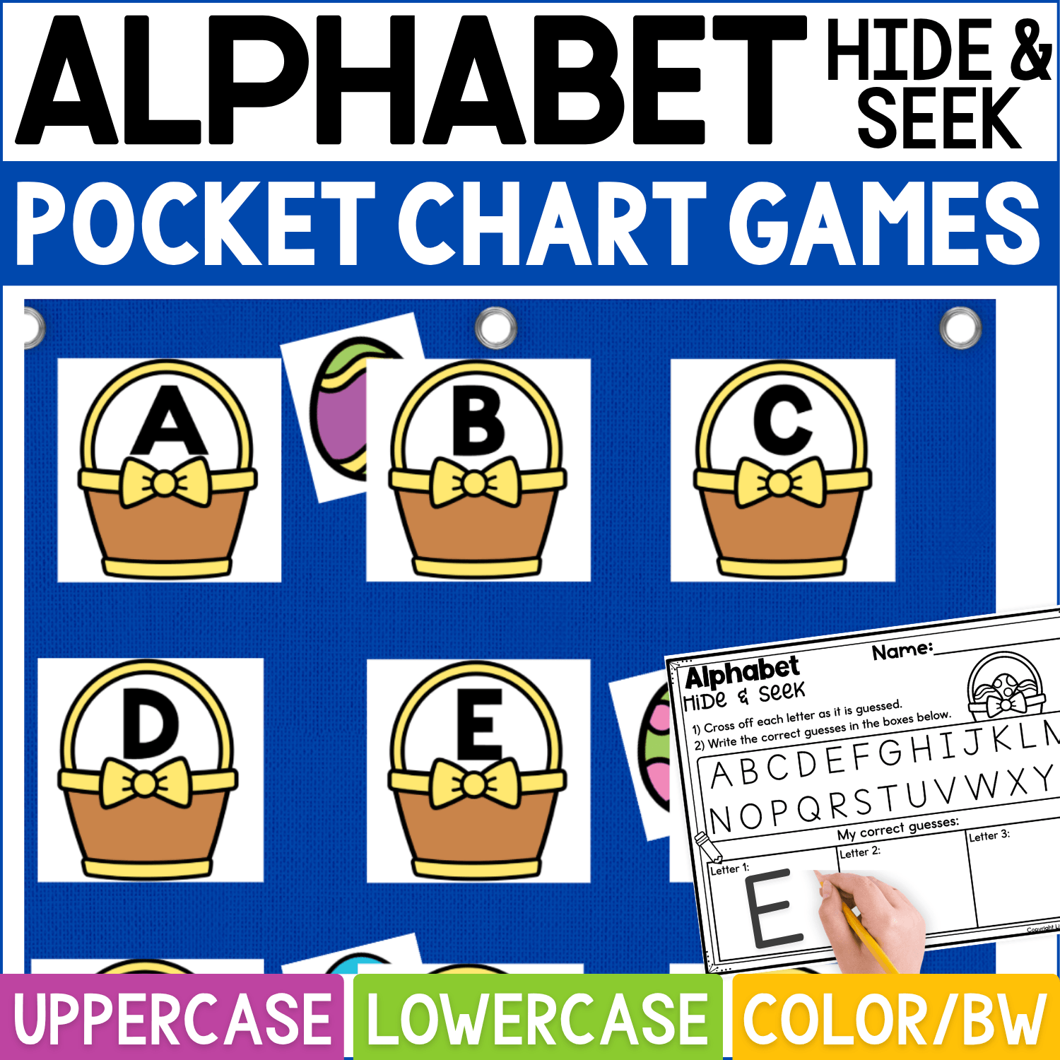 Easter Alphabet Hide and Seek pocket chart game featuring spring basket letter cards with uppercase A, B, C, D, and E. Colorful Easter egg hiding cards peek from behind selected baskets while students guess letters, cross them off on the Alphabet Hide & Seek recording sheet, and write correct guesses. Cover highlights uppercase and lowercase alphabet practice in color and black-and-white formats for Easter literacy centers, preschool, kindergarten, small groups, and interactive letter recognition.
