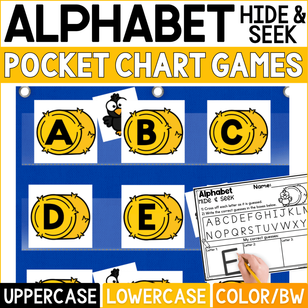 Fall Alphabet Hide and Seek pocket chart game featuring bright yellow hay bale letter cards with uppercase A, B, C, D, and E. Black crow hiding cards are tucked behind selected hay bales for an interactive fall letter guessing game, with a coordinating Alphabet Hide & Seek recording page for crossing off letters and writing correct guesses. Product cover highlights uppercase and lowercase alphabet practice plus color and black-and-white formats for fall literacy centers, preschool, kindergarten, small groups, and alphabet review.