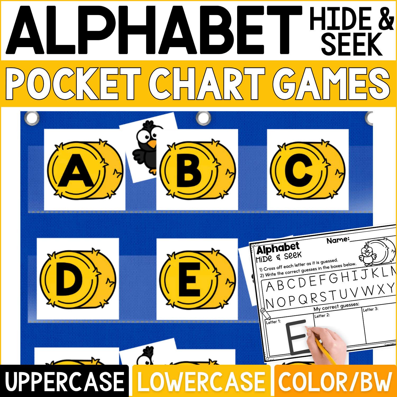 Fall Alphabet Hide and Seek pocket chart game featuring bright yellow hay bale letter cards with uppercase A, B, C, D, and E. Black crow hiding cards are tucked behind selected hay bales for an interactive fall letter guessing game, with a coordinating Alphabet Hide & Seek recording page for crossing off letters and writing correct guesses. Product cover highlights uppercase and lowercase alphabet practice plus color and black-and-white formats for fall literacy centers, preschool, kindergarten, small groups, and alphabet review.