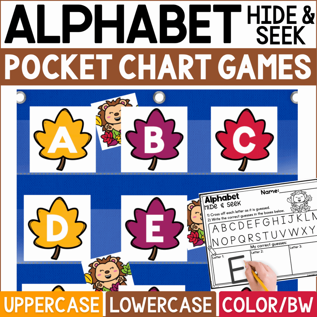 Alphabet Hide and Seek pocket chart game featuring colorful fall leaf letter cards with uppercase A, B, C, D, and E displayed in a blue classroom pocket chart. Cute hedgehog hiding cards peek from behind selected leaves, while an Alphabet Hide & Seek recording page lets students cross off guessed letters and write correct guesses. Product cover highlights uppercase and lowercase alphabet practice plus color and black-and-white formats for fall literacy centers, letter recognition, circle time, and preschool or kindergarten alphabet activities.