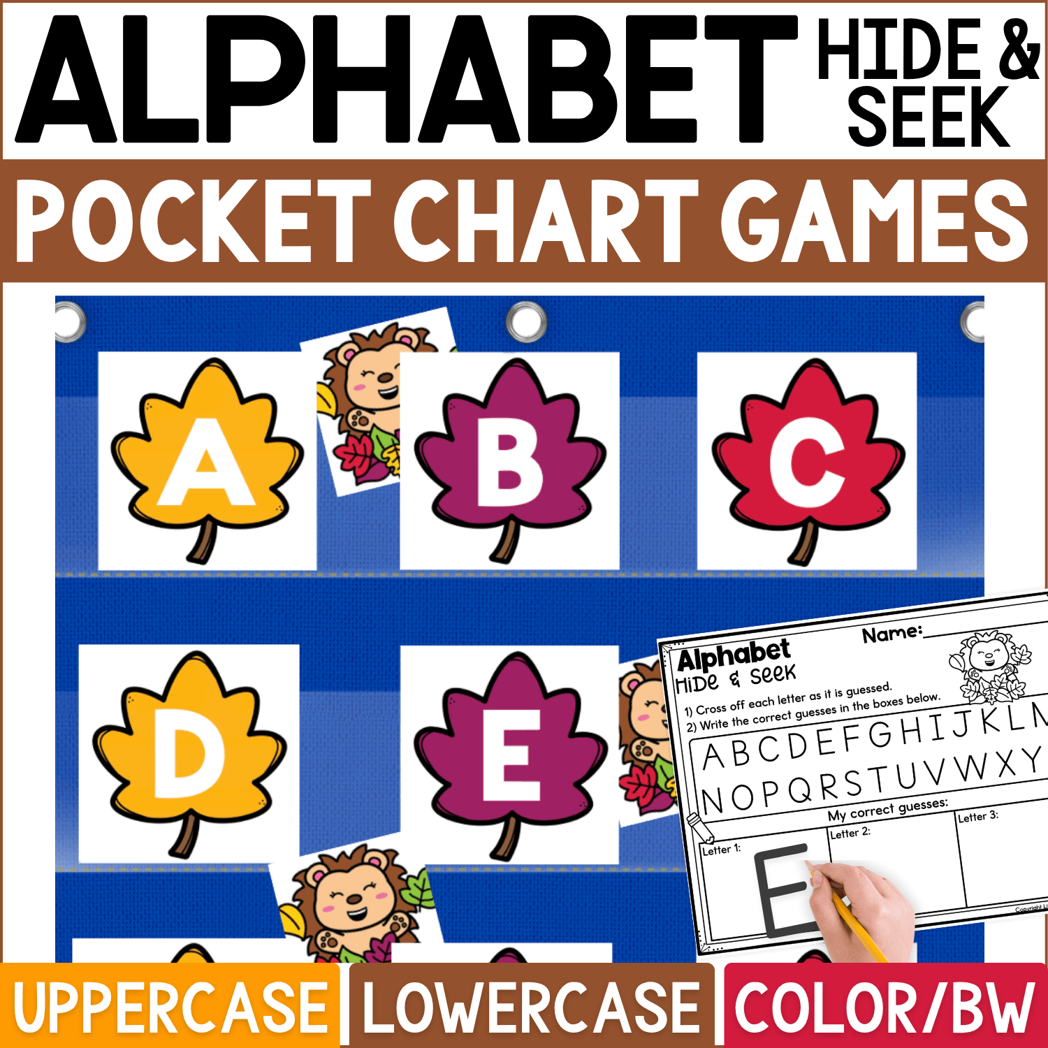 Alphabet Hide and Seek pocket chart game featuring colorful fall leaf letter cards with uppercase A, B, C, D, and E displayed in a blue classroom pocket chart. Cute hedgehog hiding cards peek from behind selected leaves, while an Alphabet Hide & Seek recording page lets students cross off guessed letters and write correct guesses. Product cover highlights uppercase and lowercase alphabet practice plus color and black-and-white formats for fall literacy centers, letter recognition, circle time, and preschool or kindergarten alphabet activities.