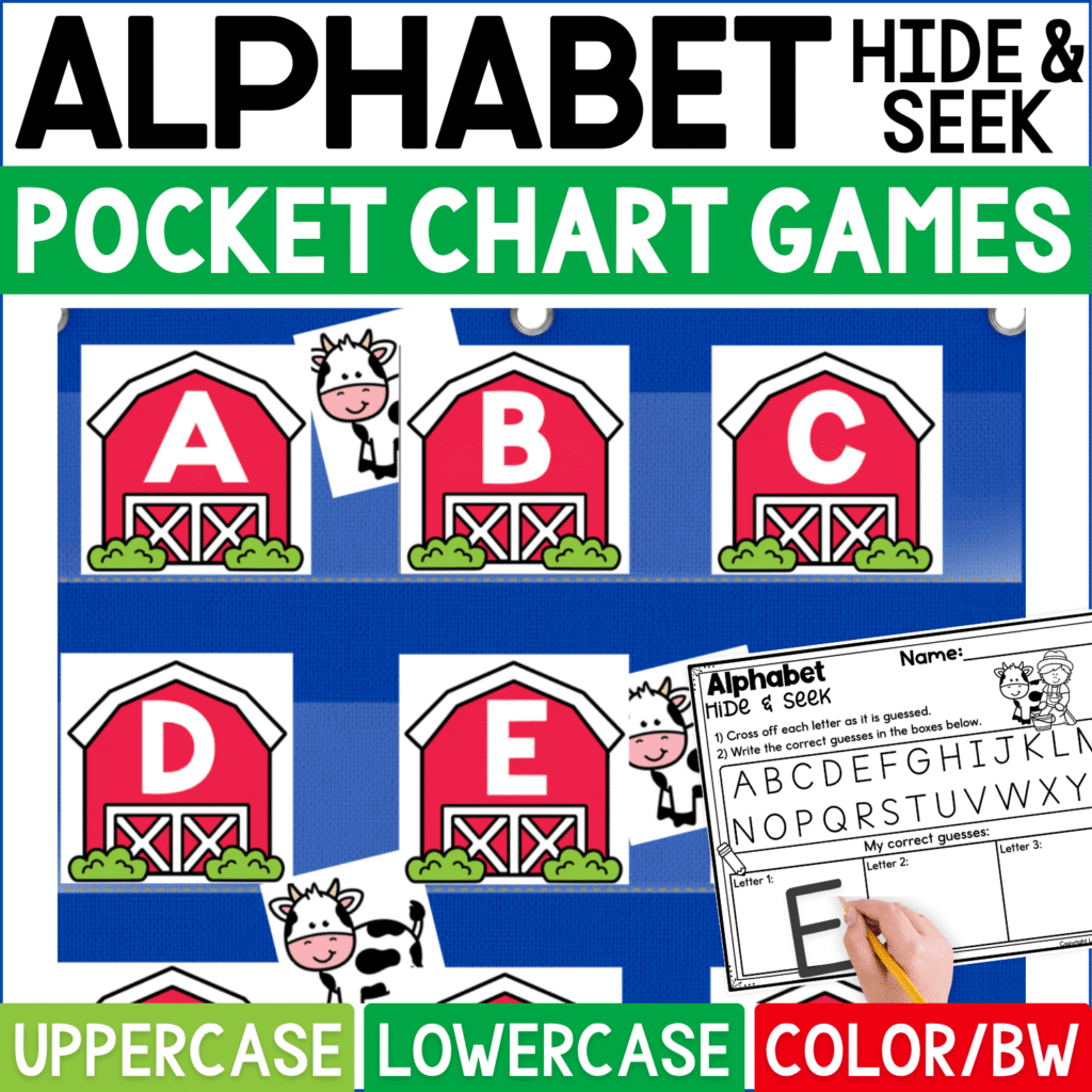 Farm-themed Alphabet Hide and Seek pocket chart game featuring red barn letter cards with uppercase A, B, C, D, and E arranged in a blue pocket chart. Cow hiding cards peek out from behind selected barns, and an Alphabet Hide & Seek recording sheet gives students space to cross off letters and record correct guesses. Product cover promotes uppercase and lowercase alphabet practice in color and black-and-white formats for farm literacy centers, letter recognition, and interactive preschool or kindergarten learning.