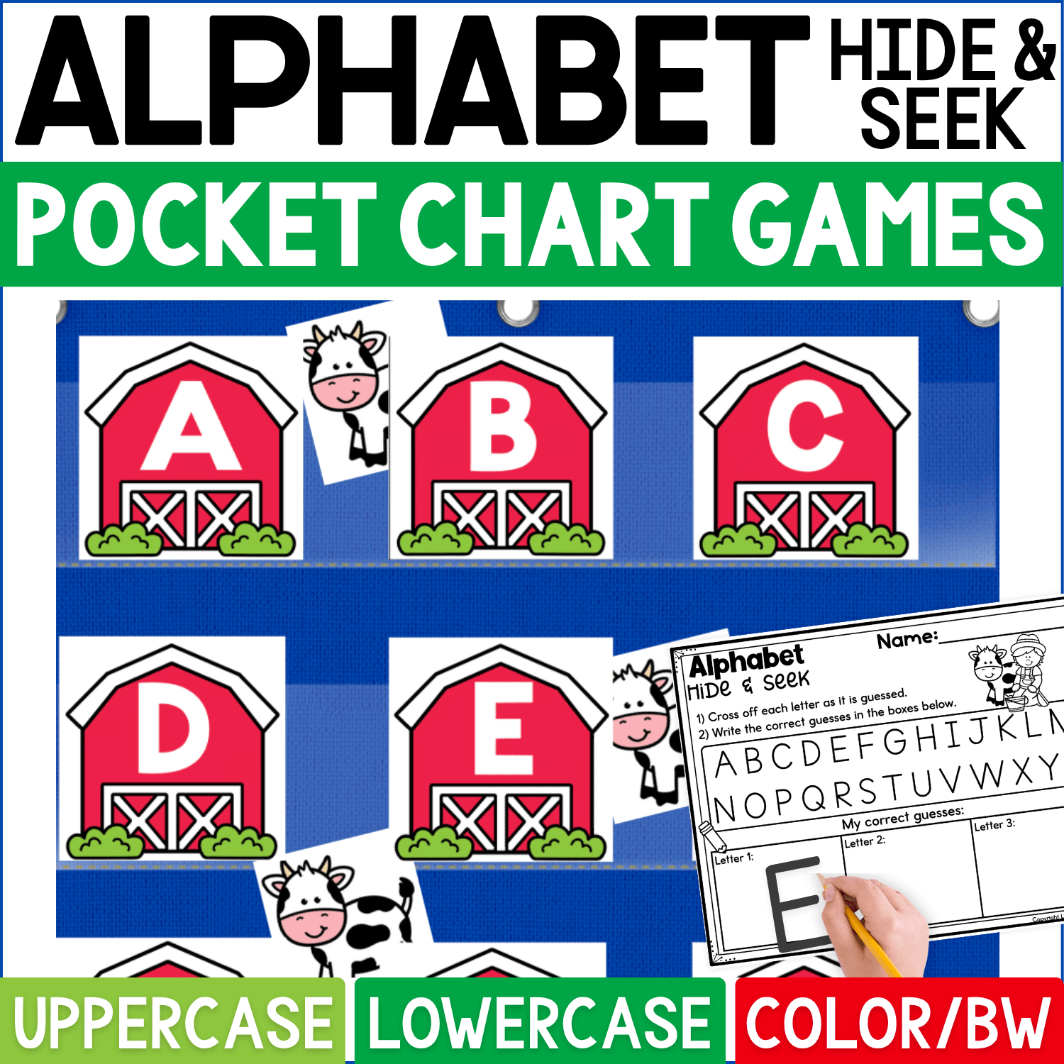 Farm-themed Alphabet Hide and Seek pocket chart game featuring red barn letter cards with uppercase A, B, C, D, and E arranged in a blue pocket chart. Cow hiding cards peek out from behind selected barns, and an Alphabet Hide & Seek recording sheet gives students space to cross off letters and record correct guesses. Product cover promotes uppercase and lowercase alphabet practice in color and black-and-white formats for farm literacy centers, letter recognition, and interactive preschool or kindergarten learning.