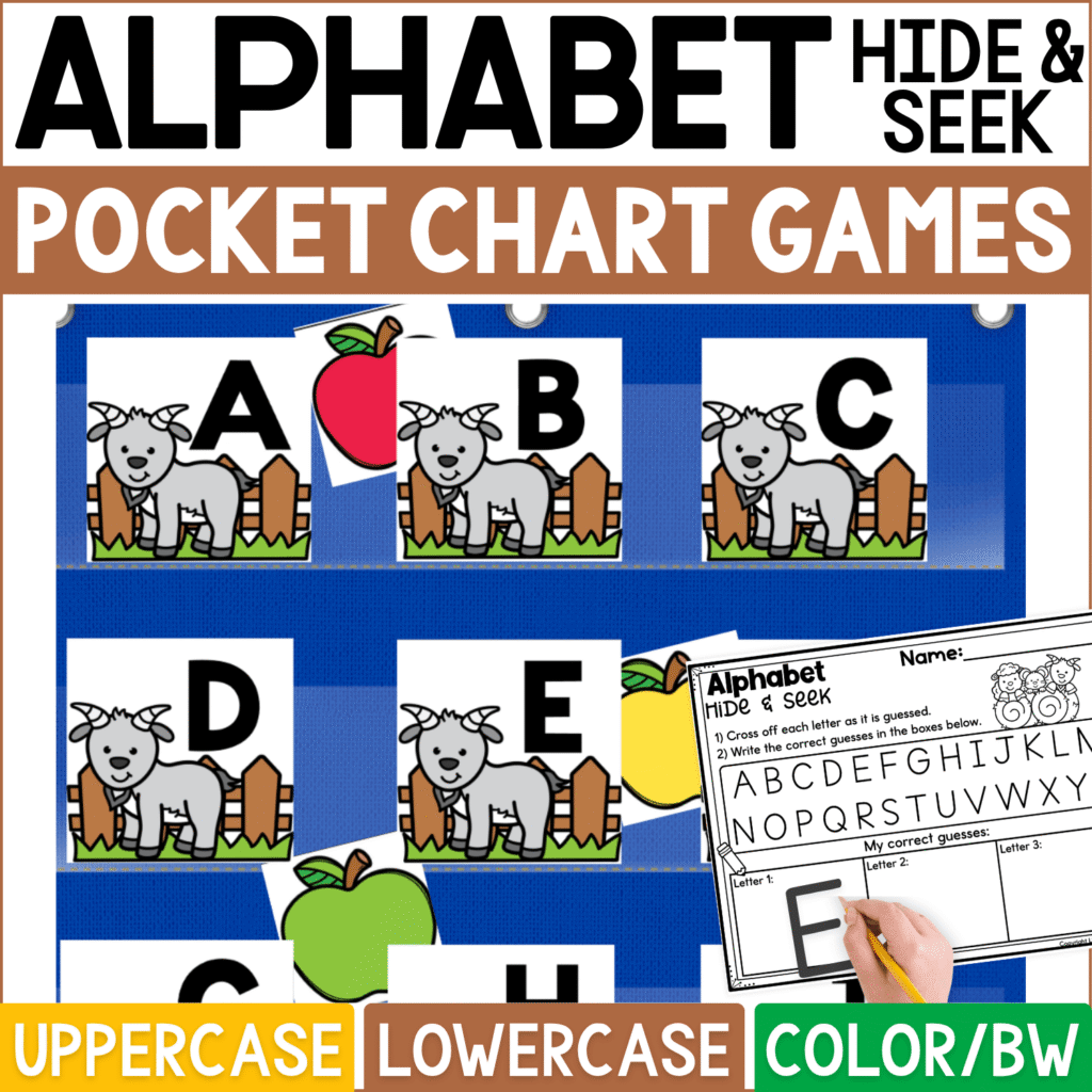 Farm animal Alphabet Hide and Seek pocket chart game featuring goat letter cards with uppercase A, B, C, D, and E displayed against a blue classroom pocket chart. Bright apple hiding cards are tucked behind selected goats for a playful farm alphabet guessing activity, while the recording page includes the uppercase alphabet and boxes for writing correct guesses. Cover highlights uppercase and lowercase letter practice with color and black-and-white formats for preschool, kindergarten, small groups, and farm-themed literacy centers.