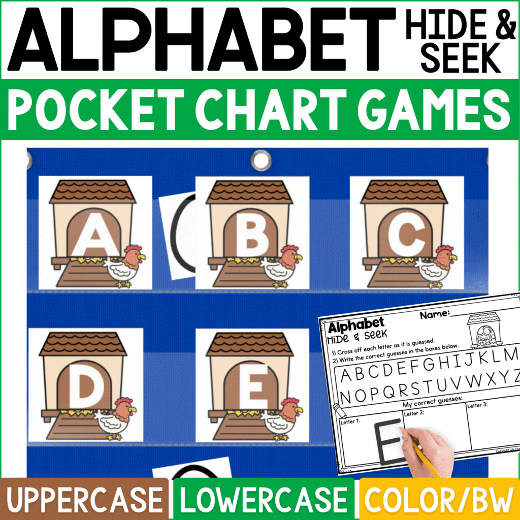 Farm Alphabet Hide and Seek pocket chart game featuring chicken coop letter cards with uppercase A, B, C, D, and E. Egg hiding cards are placed behind selected chicken coop cards for an interactive alphabet search and guessing game, with a coordinating Alphabet Hide & Seek recording sheet for crossing off letters and writing correct guesses. Product cover highlights uppercase and lowercase alphabet practice plus color and black-and-white formats for farm theme literacy centers, letter recognition, circle time, and kindergarten or preschool activities.