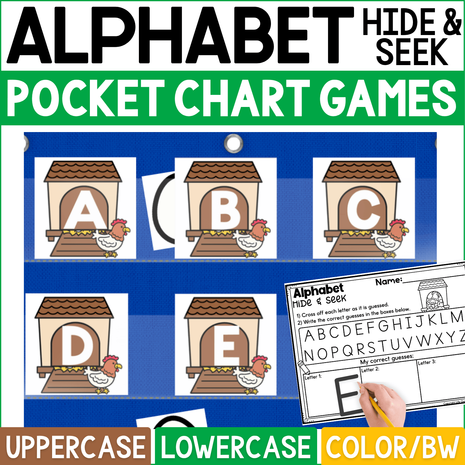 Farm Alphabet Hide and Seek pocket chart game featuring chicken coop letter cards with uppercase A, B, C, D, and E. Egg hiding cards are placed behind selected chicken coop cards for an interactive alphabet search and guessing game, with a coordinating Alphabet Hide & Seek recording sheet for crossing off letters and writing correct guesses. Product cover highlights uppercase and lowercase alphabet practice plus color and black-and-white formats for farm theme literacy centers, letter recognition, circle time, and kindergarten or preschool activities.