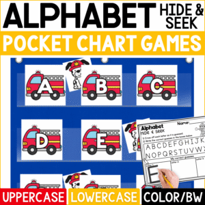Firefighter alphabet hide and seek pocket chart game featuring uppercase and lowercase letter cards with bright red fire trucks, firefighter Dalmatian hiding cards, and a printable alphabet recording sheet. This preschool and kindergarten literacy activity includes color and black-and-white options for playful letter recognition practice.