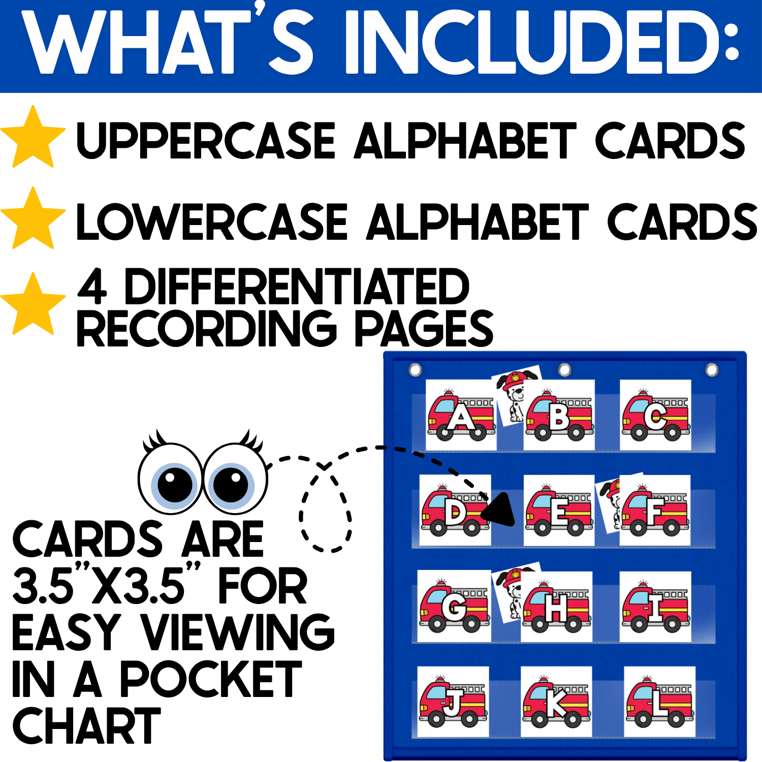 What’s included in the firefighter alphabet hide and seek game: uppercase alphabet cards, lowercase alphabet cards, four differentiated recording pages, and large 3.5-inch square fire truck letter cards designed for easy viewing in a classroom pocket chart.