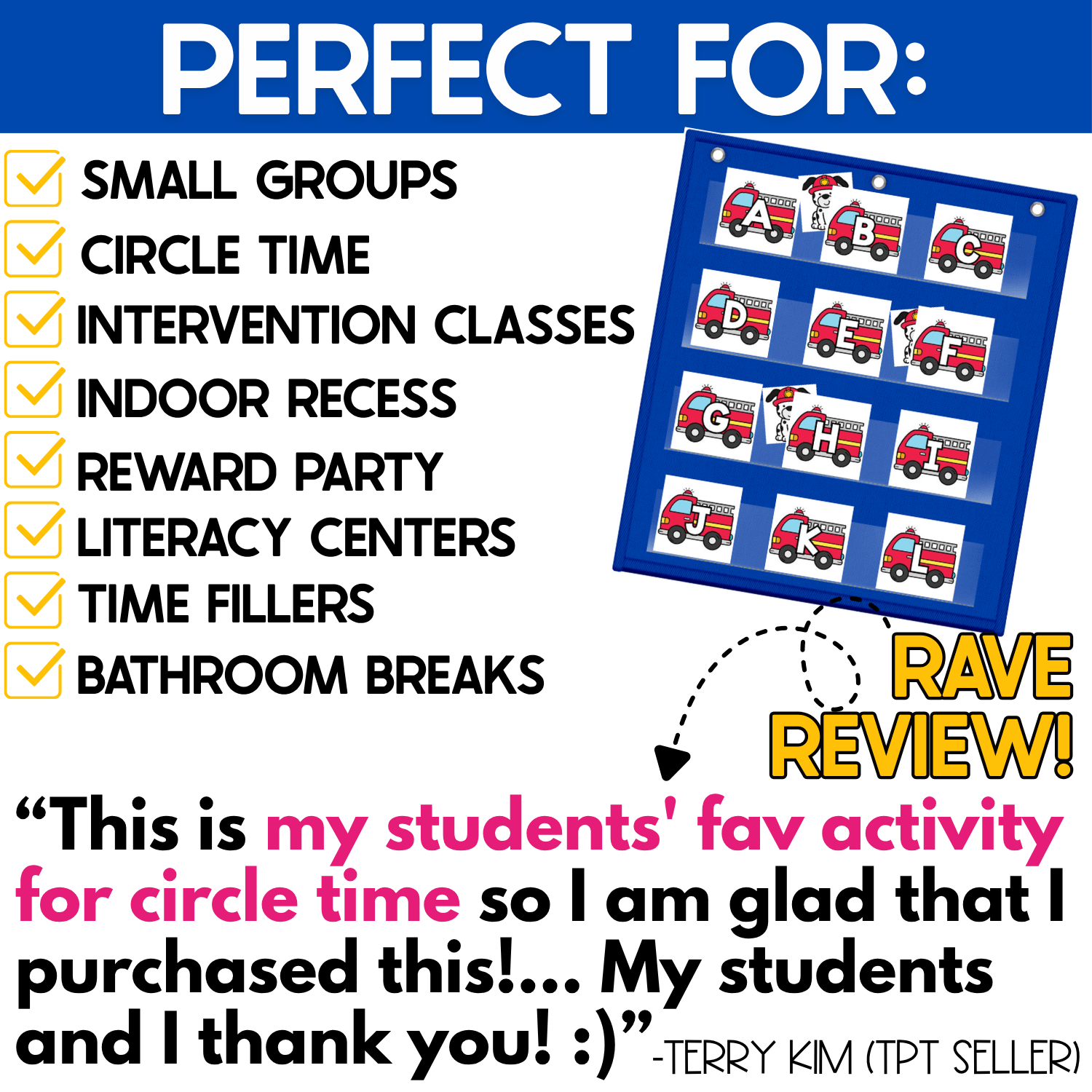 Firefighter alphabet pocket chart game displayed with fire truck letter cards and a list of classroom uses including small groups, circle time, intervention, indoor recess, literacy centers, time fillers, and bathroom breaks. Teacher review highlights this alphabet hide and seek activity as a favorite circle time game.