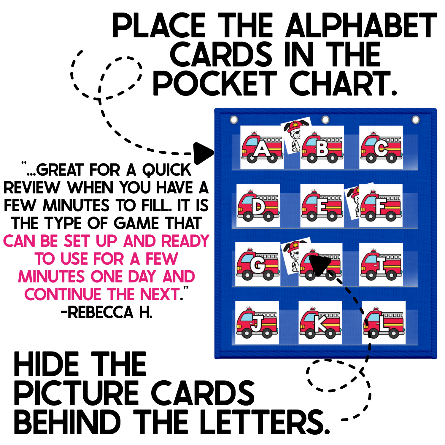 How to play the firefighter alphabet hide and seek game: place fire truck alphabet cards in a blue pocket chart, then hide firefighter Dalmatian picture cards behind selected letters. This simple preschool and kindergarten literacy game works well for quick letter recognition practice during centers, small groups, or circle time.