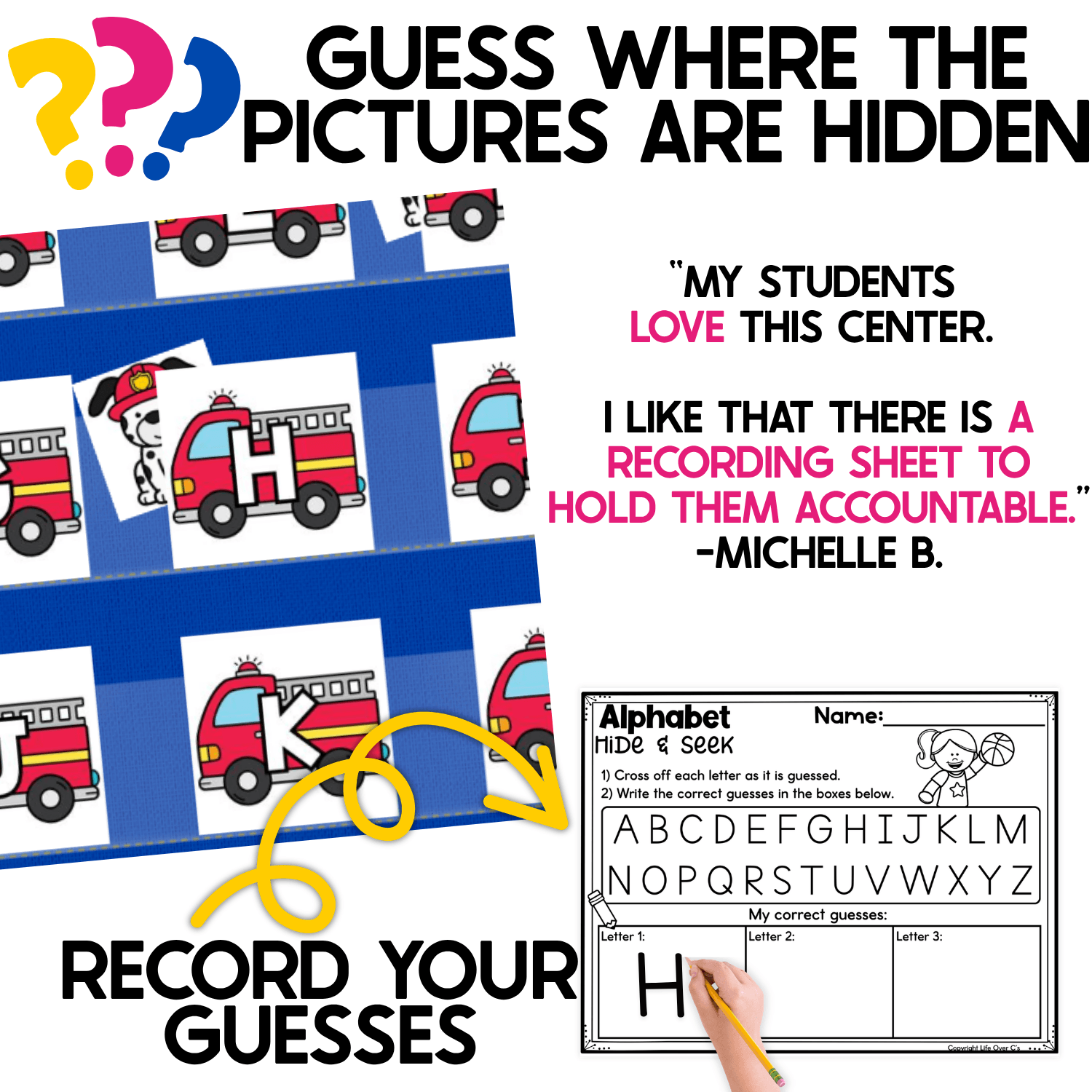 Firefighter alphabet hide and seek activity showing letter cards partially removed from a pocket chart as children guess where the hidden firefighter pictures are located. A differentiated recording sheet lets students record their letter guesses while practicing alphabet recognition, visual attention, and early handwriting skills.