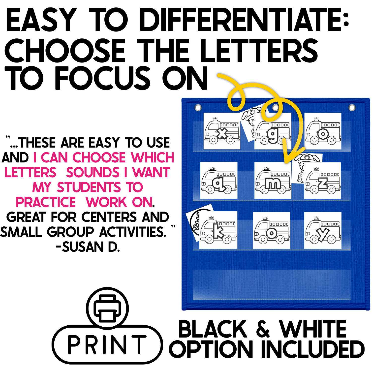 Firefighter alphabet pocket chart game showing black-and-white lowercase letter cards with fire truck pictures and hidden firefighter cards for easy differentiation. Teachers can choose specific letters or letter sounds for preschool, kindergarten, literacy centers, intervention, and small-group alphabet practice.