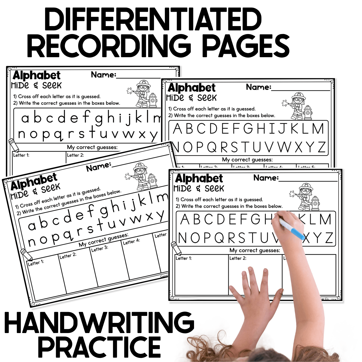 Four differentiated firefighter alphabet hide and seek recording pages featuring uppercase and lowercase letter choices plus spaces for students to write their guesses. Printable literacy worksheets provide handwriting practice while supporting letter recognition during the firefighter themed pocket chart game.