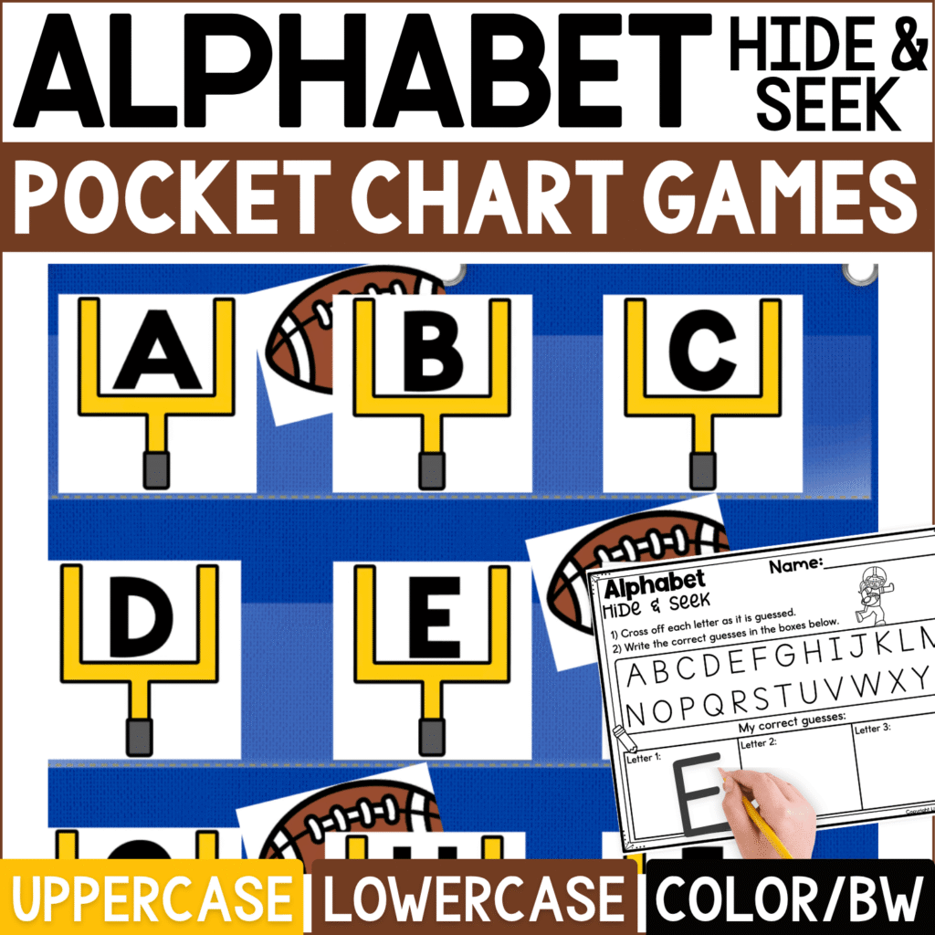 Football Alphabet Hide and Seek pocket chart game featuring yellow goalpost cards with uppercase letters A, B, C, D, and E. Football hiding cards are tucked behind selected goalposts for an interactive sports-themed letter recognition game, and the coordinating Alphabet Hide & Seek page includes uppercase letters and spaces for students to record correct guesses. Product cover highlights uppercase and lowercase alphabet practice with color and black-and-white formats for preschool and kindergarten literacy centers, circle time, and football-themed learning.