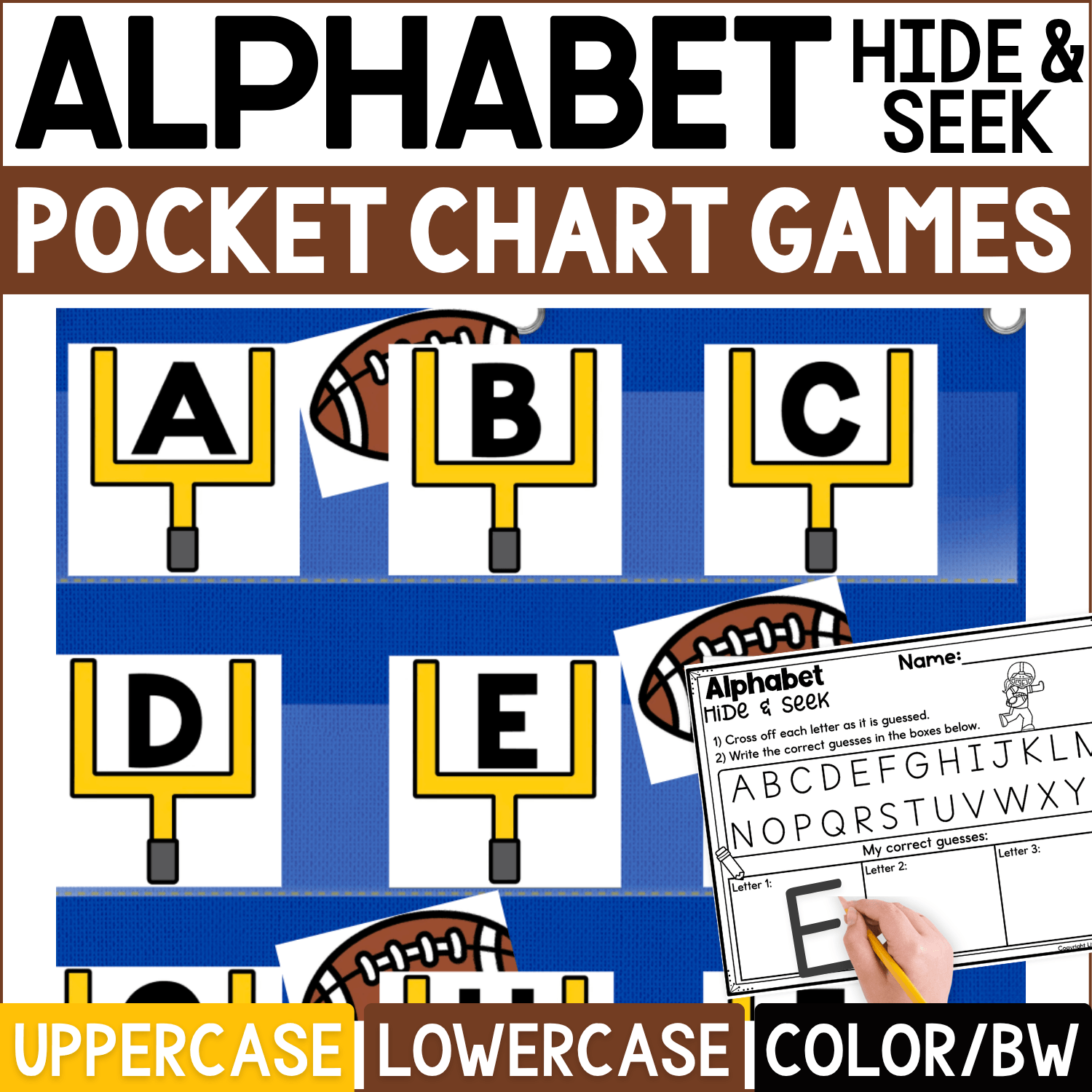 Football Alphabet Hide and Seek pocket chart game featuring yellow goalpost cards with uppercase letters A, B, C, D, and E. Football hiding cards are tucked behind selected goalposts for an interactive sports-themed letter recognition game, and the coordinating Alphabet Hide & Seek page includes uppercase letters and spaces for students to record correct guesses. Product cover highlights uppercase and lowercase alphabet practice with color and black-and-white formats for preschool and kindergarten literacy centers, circle time, and football-themed learning.