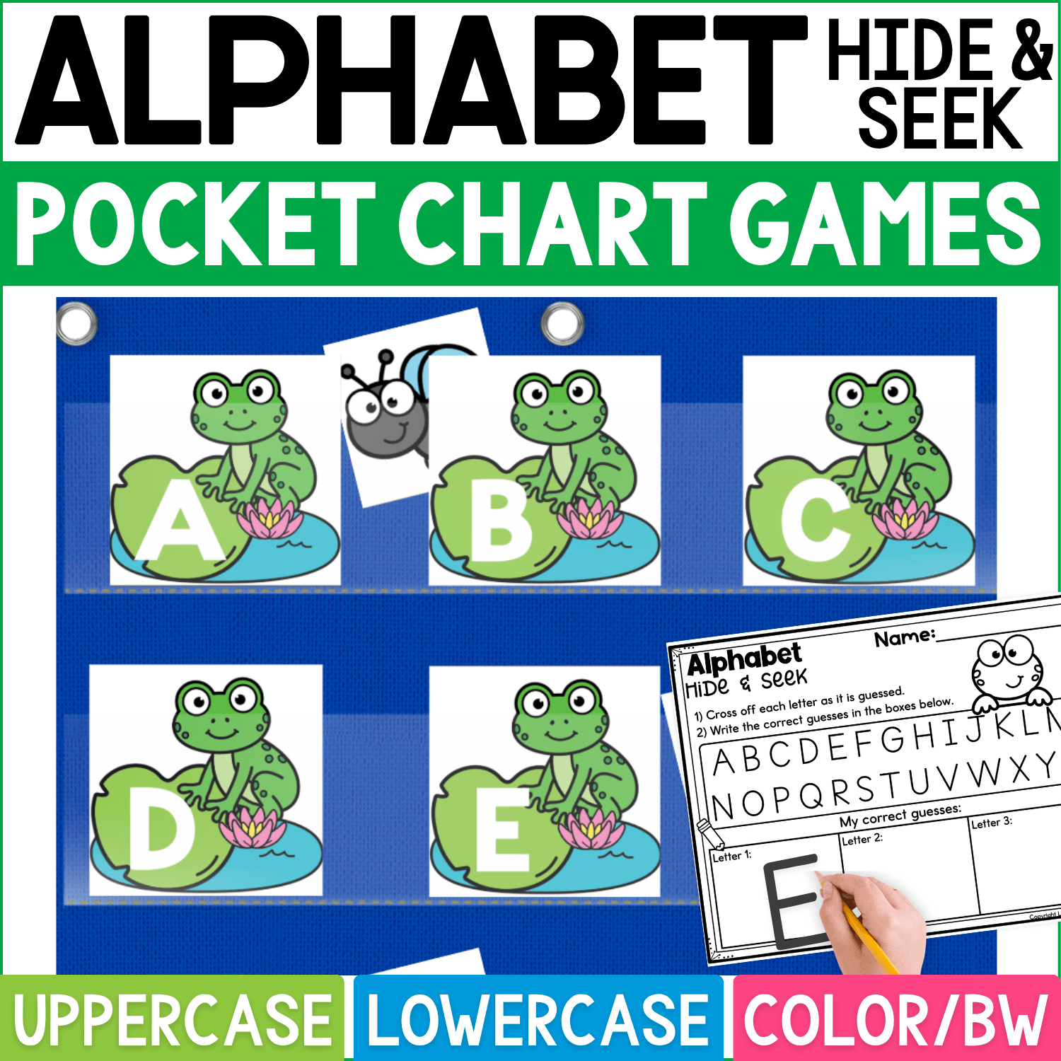 Frog Alphabet Hide and Seek pocket chart game featuring green frog and lily pad cards with uppercase letters A, B, C, D, and E. Fly hiding cards peek from behind selected frog cards for a playful letter recognition guessing activity, while the Alphabet Hide & Seek recording page gives students space to cross off letters and write correct guesses. Cover highlights uppercase and lowercase alphabet practice plus color and black-and-white formats for frog-themed literacy centers, preschool, kindergarten, and small-group learning.
