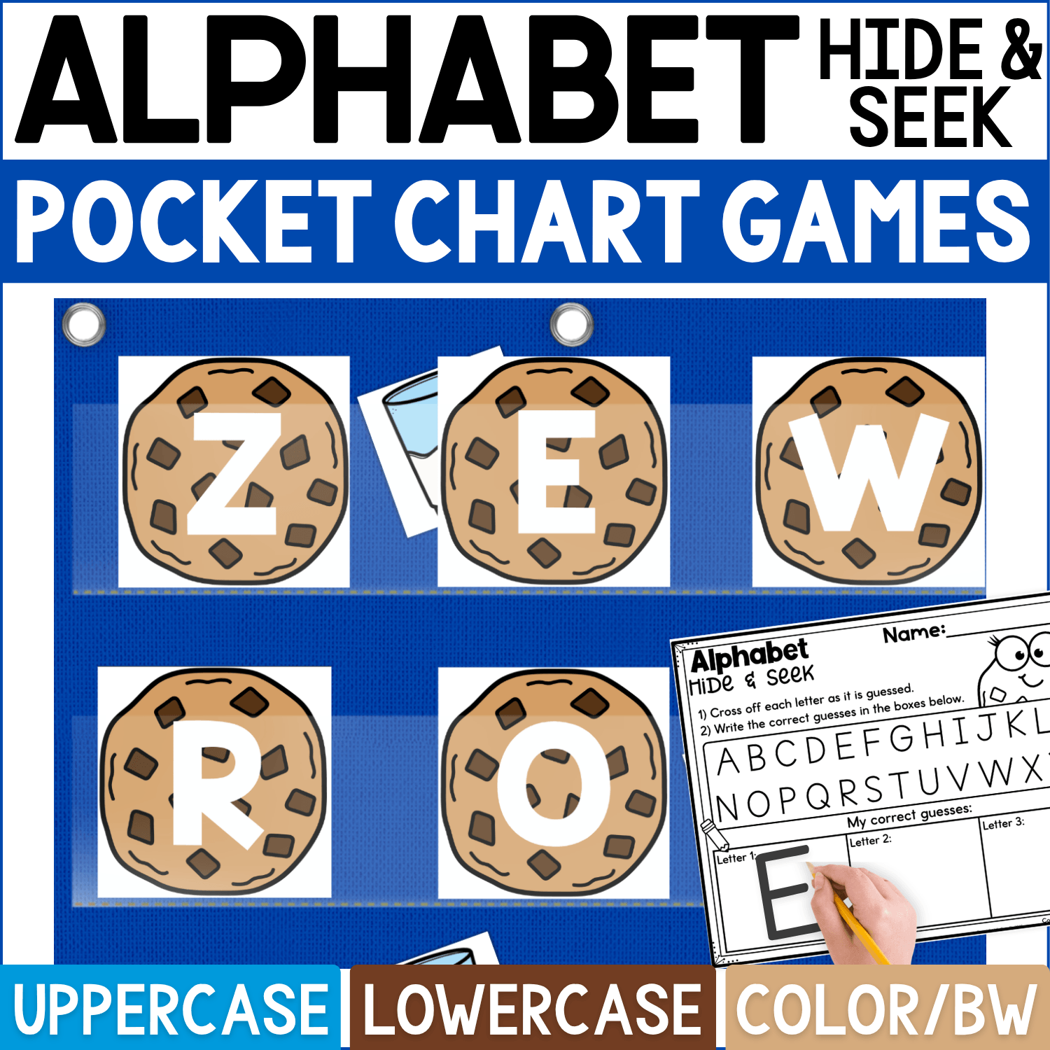 Milk and cookies Alphabet Hide and Seek pocket chart game featuring chocolate chip cookie letter cards with uppercase letters Z, E, W, R, and O shown in the sample arrangement. Milk glass hiding cards are tucked behind selected cookies, and the Alphabet Hide & Seek recording page lets students cross off guessed letters and record correct answers. Product cover highlights uppercase and lowercase alphabet practice in color and black-and-white formats for preschool and kindergarten letter recognition, literacy centers, and interactive alphabet games.