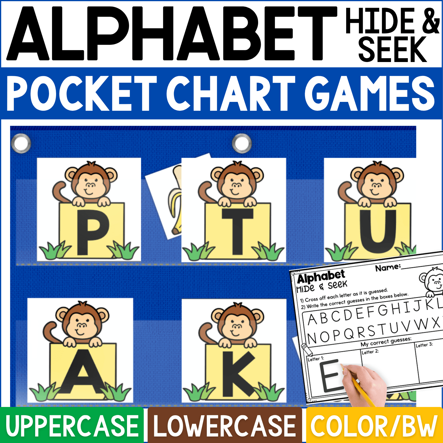 Monkey and banana Alphabet Hide and Seek pocket chart game featuring cheerful monkey letter cards displaying uppercase P, T, U, A, and K in the sample pocket chart. Banana hiding cards peek from behind selected monkeys for an interactive alphabet guessing game, with a coordinating Alphabet Hide & Seek recording sheet for crossing off letters and writing correct guesses. Product cover highlights uppercase and lowercase letter practice in color and black-and-white formats for preschool, kindergarten, literacy centers, small groups, and monkey-themed alphabet activities.