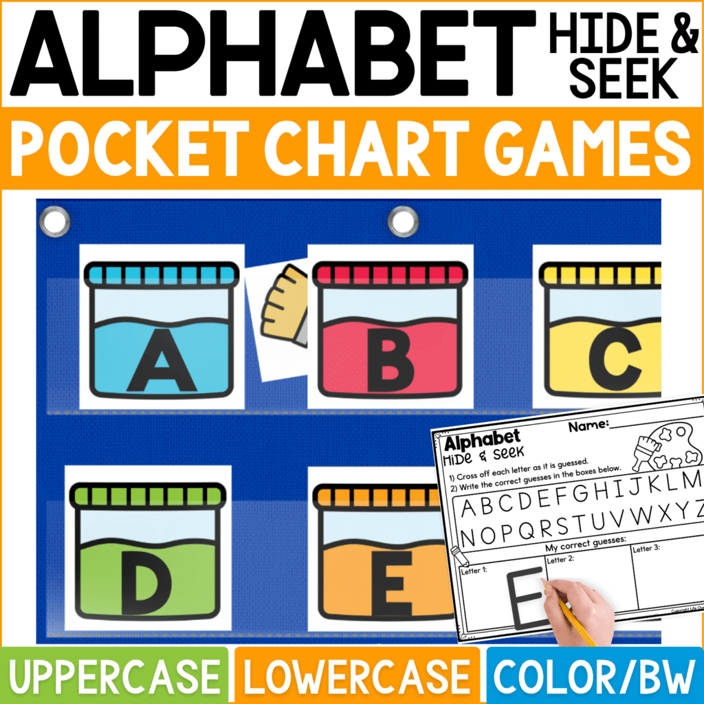 Painting Alphabet Hide and Seek pocket chart game featuring colorful paint jar letter cards with uppercase A, B, C, D, and E in blue, pink, yellow, green, and orange. Paintbrush hiding cards are tucked behind selected paint jars while students guess letters and record correct answers on the Alphabet Hide & Seek worksheet. Product cover highlights uppercase and lowercase alphabet practice, color and black-and-white formats, preschool and kindergarten literacy centers, arts and crafts themes, and interactive letter recognition.