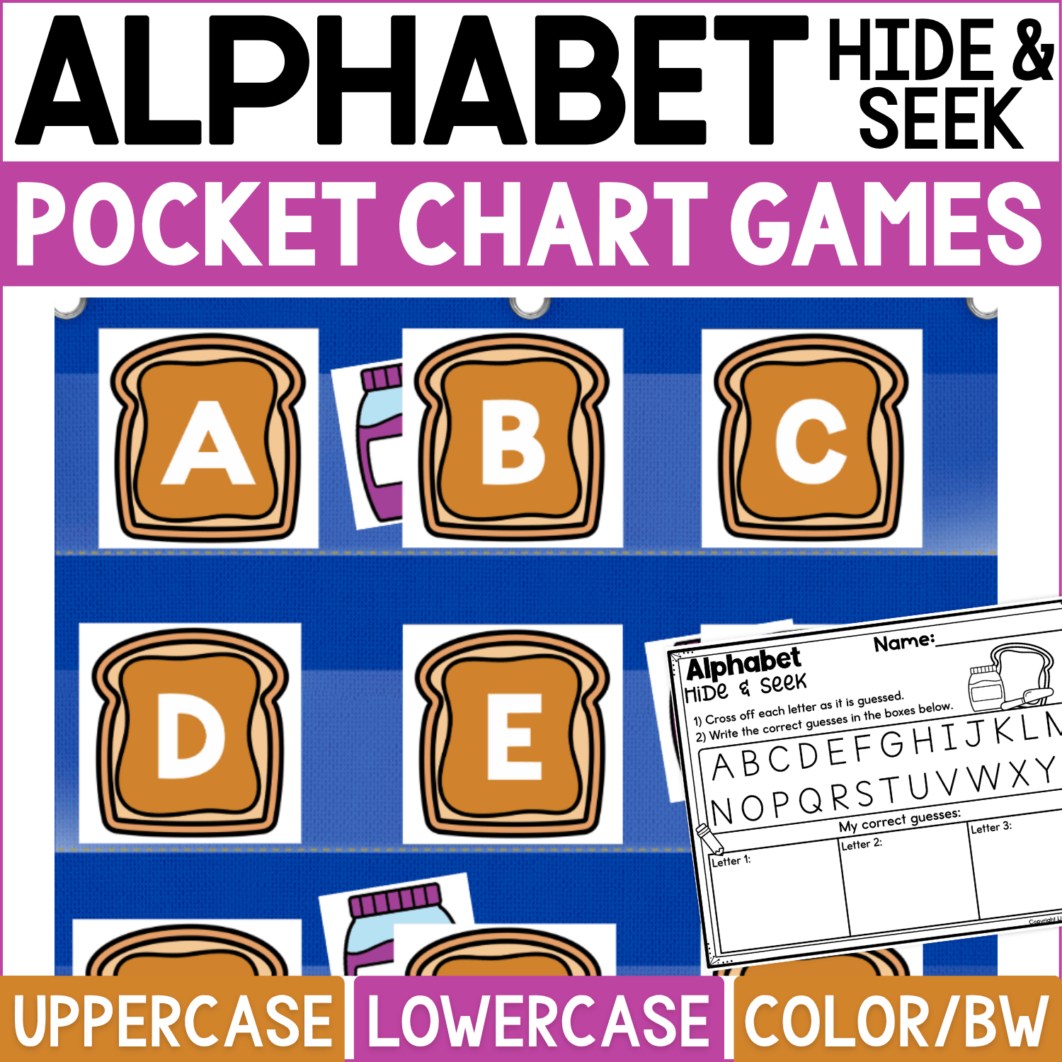 Peanut butter and jelly Alphabet Hide and Seek pocket chart game featuring toast-shaped letter cards with uppercase A, B, C, D, and E. Jelly jar hiding cards are tucked behind selected pieces of toast for an interactive alphabet search and guessing game, with an Alphabet Hide & Seek recording page for students to cross off letters and write correct guesses. Product cover highlights uppercase and lowercase alphabet practice, color and black-and-white formats, preschool and kindergarten literacy centers, and food-themed letter recognition activities.