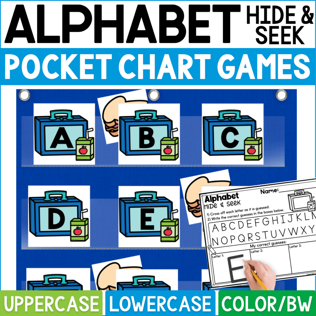 School lunch Alphabet Hide and Seek pocket chart game featuring blue lunchbox letter cards with uppercase A, B, C, D, and E alongside small juice boxes. Sandwich hiding cards peek from behind selected lunchboxes for an interactive alphabet guessing activity, while the Alphabet Hide & Seek recording sheet lets students cross off letters and record correct guesses. Cover highlights uppercase and lowercase alphabet practice in color and black-and-white formats for back-to-school literacy centers, preschool, kindergarten, and school lunch themed letter recognition.